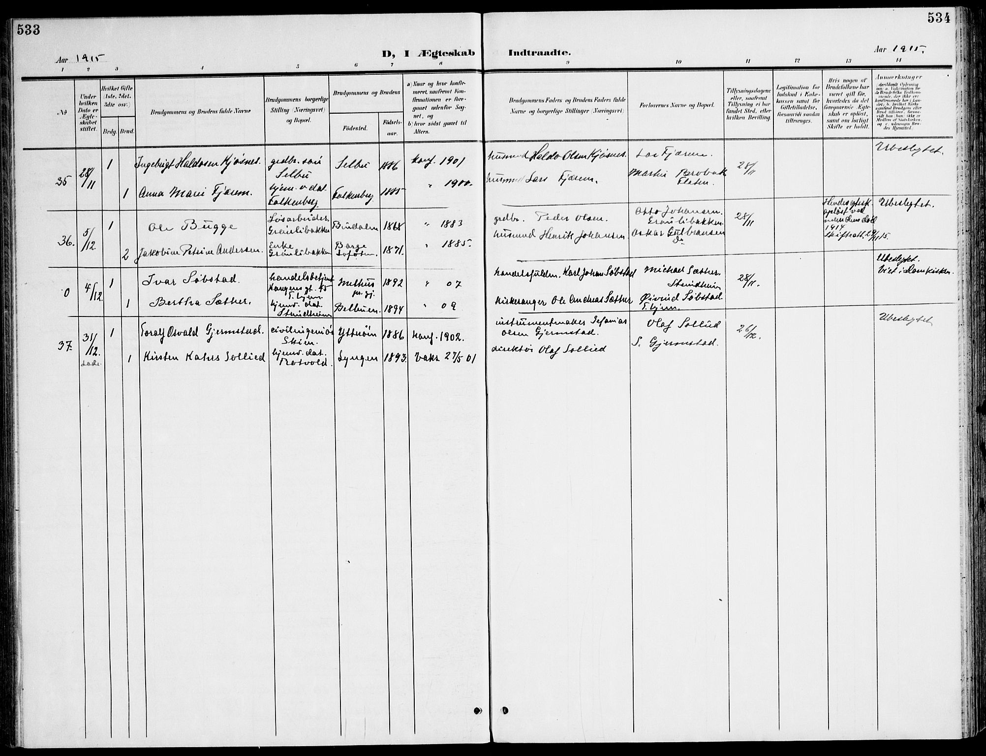 Ministerialprotokoller, klokkerbøker og fødselsregistre - Sør-Trøndelag, AV/SAT-A-1456/607/L0320: Parish register (official) no. 607A04, 1907-1915, p. 533-534