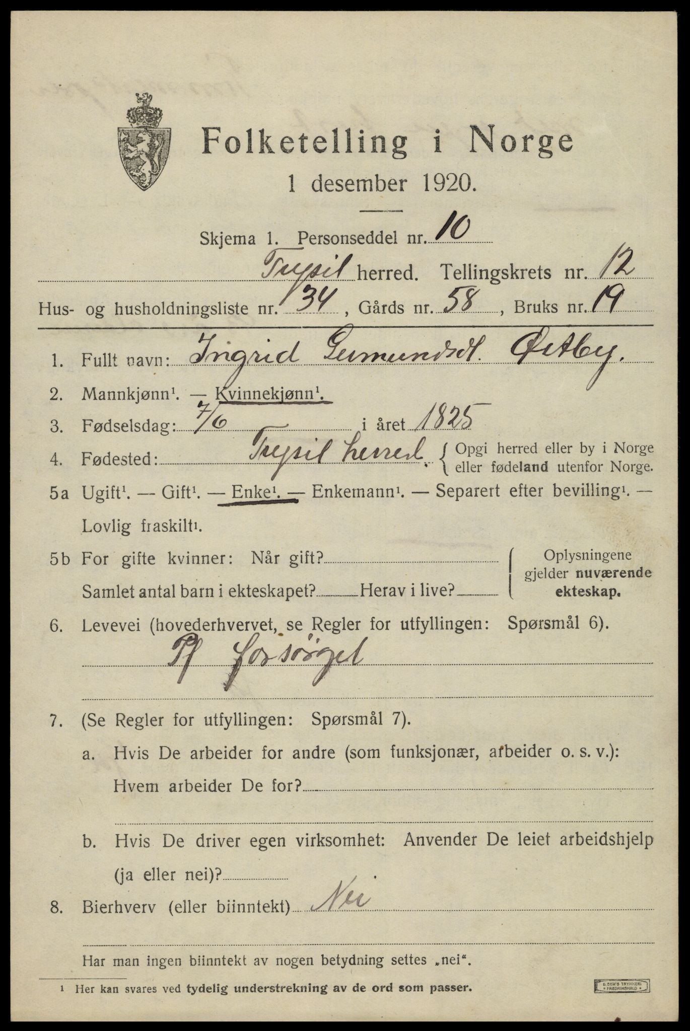 SAH, 1920 census for Trysil, 1920, p. 7585