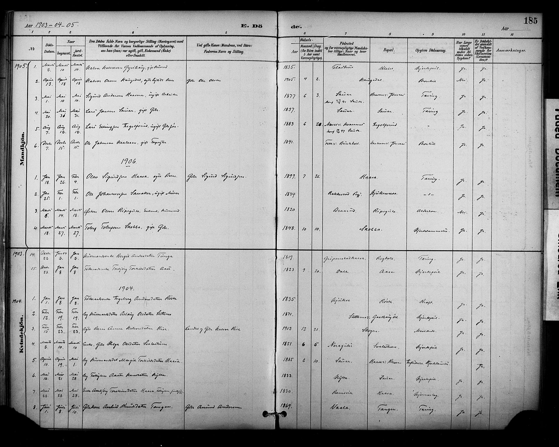 Sauherad kirkebøker, SAKO/A-298/F/Fa/L0009: Parish register (official) no. I 9, 1887-1912, p. 185