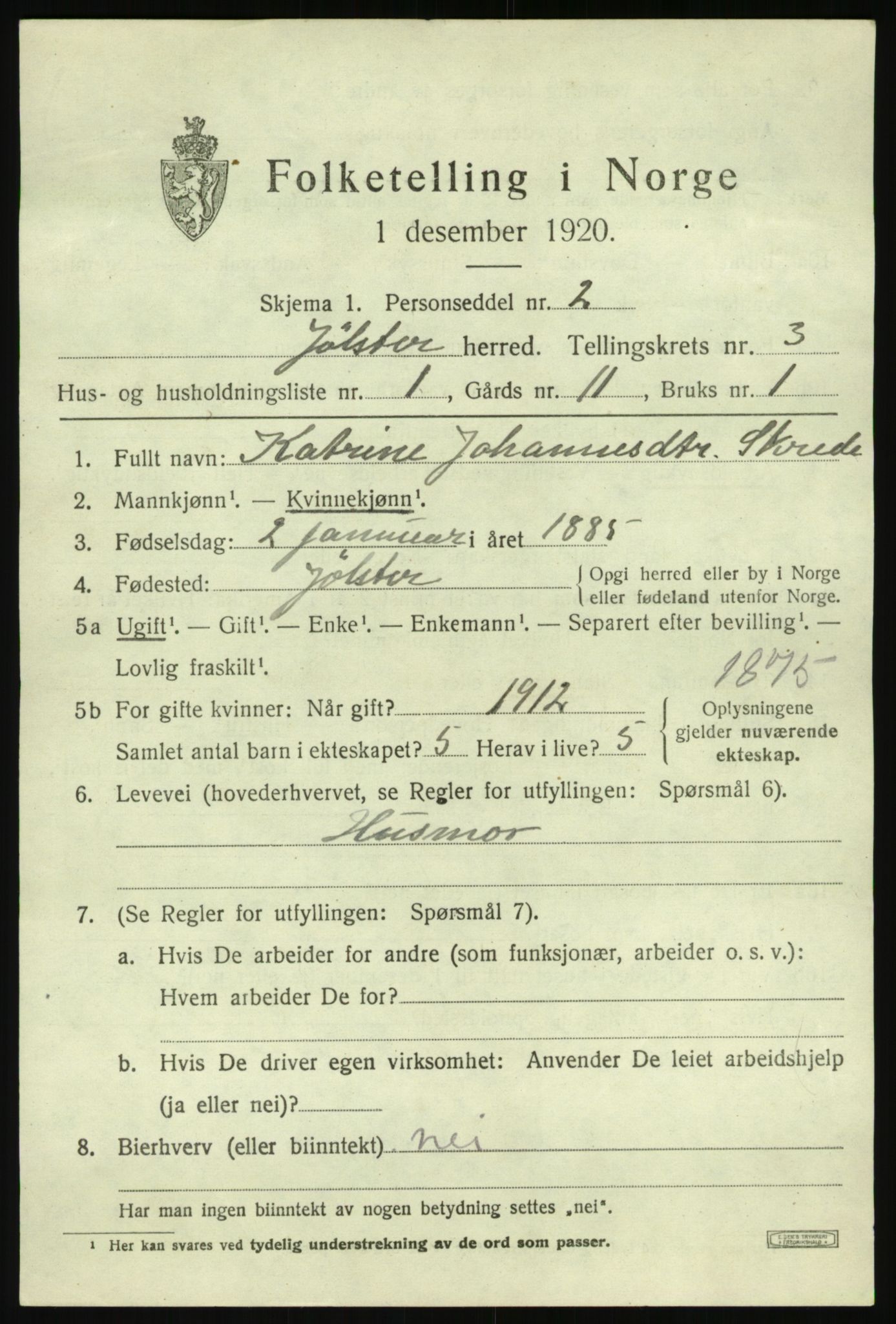 SAB, 1920 census for Jølster, 1920, p. 1960