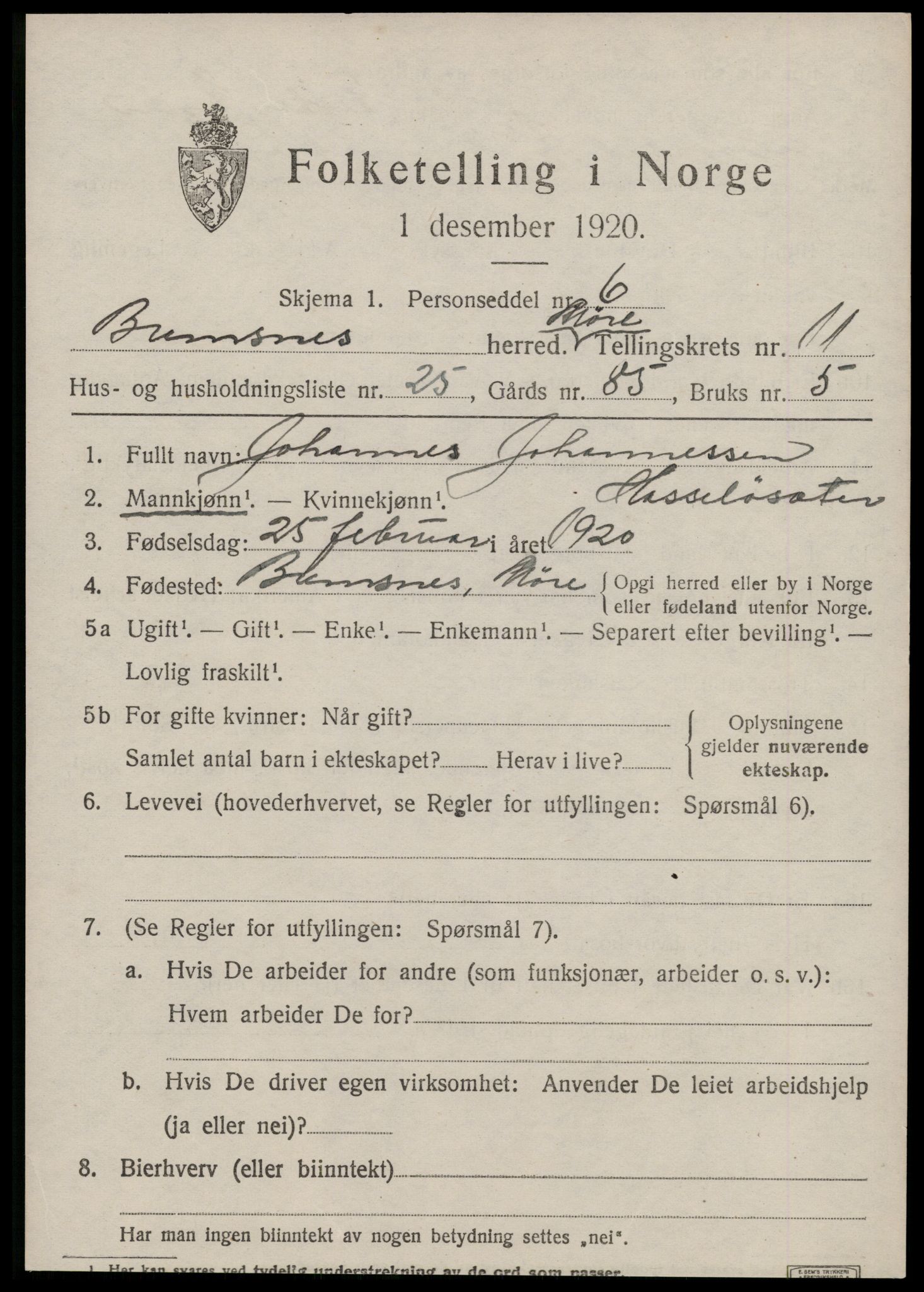 SAT, 1920 census for Bremsnes, 1920, p. 9625