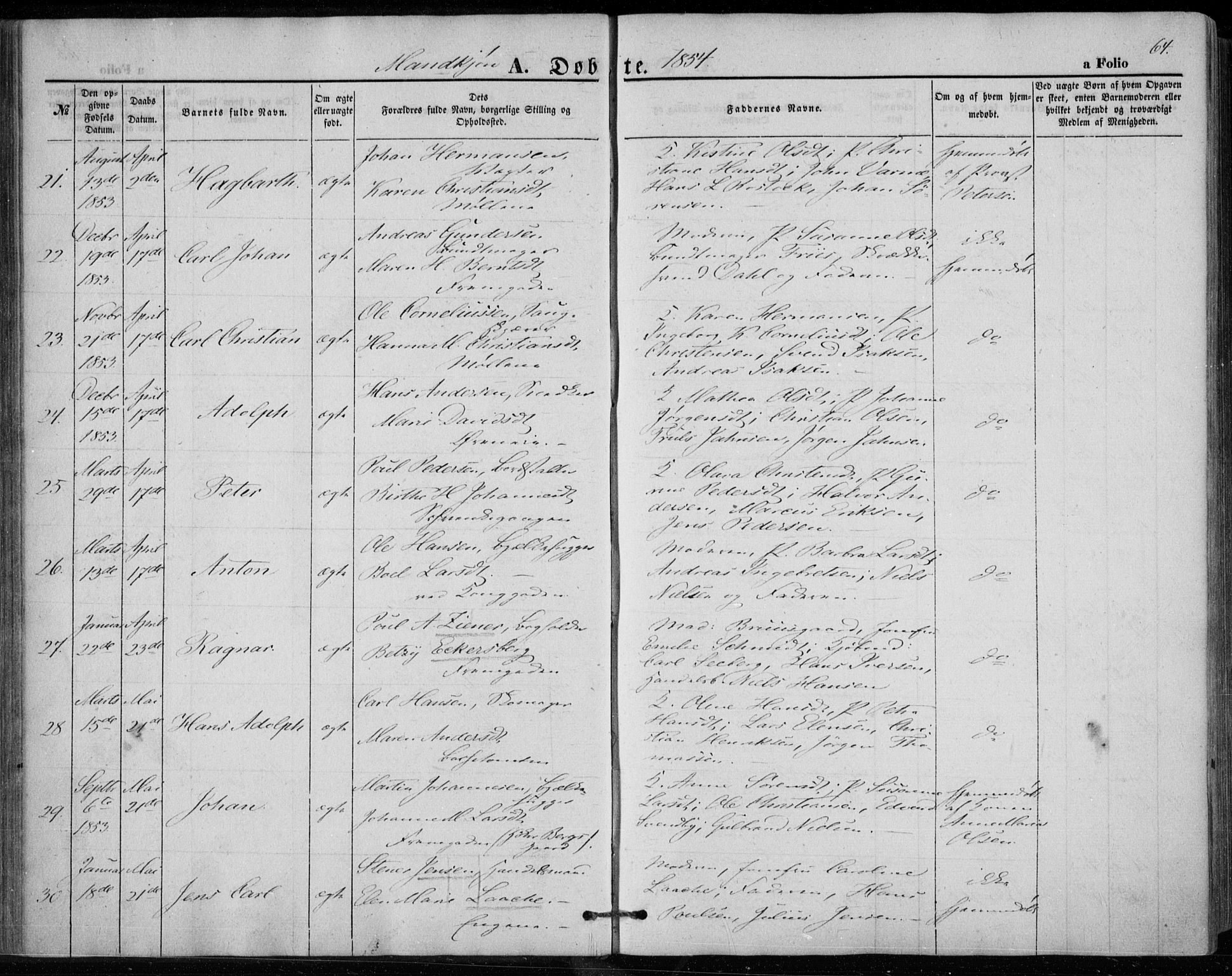 Bragernes kirkebøker, SAKO/A-6/F/Fb/L0002: Parish register (official) no. II 2, 1848-1859, p. 64