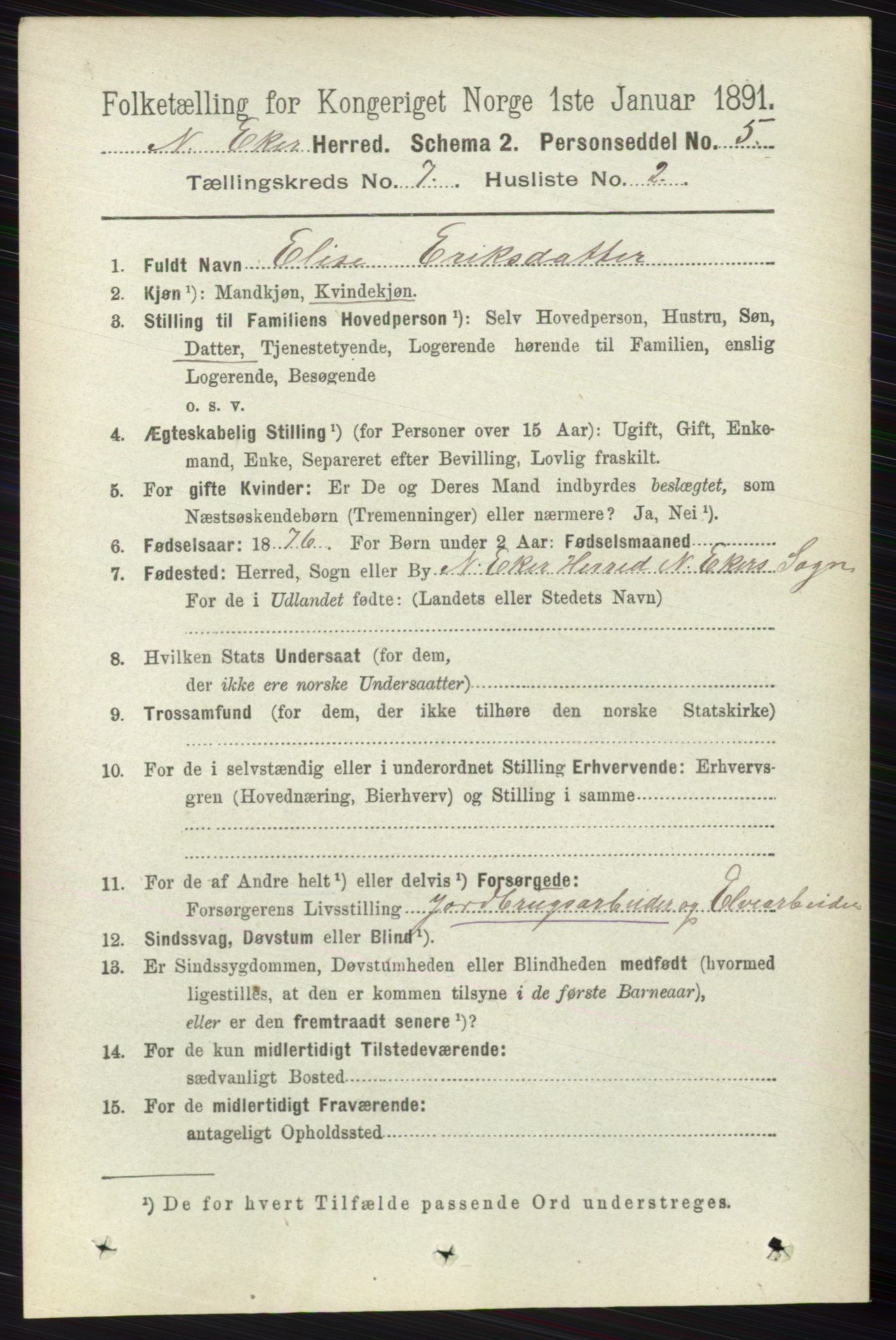 RA, 1891 census for 0625 Nedre Eiker, 1891, p. 3413