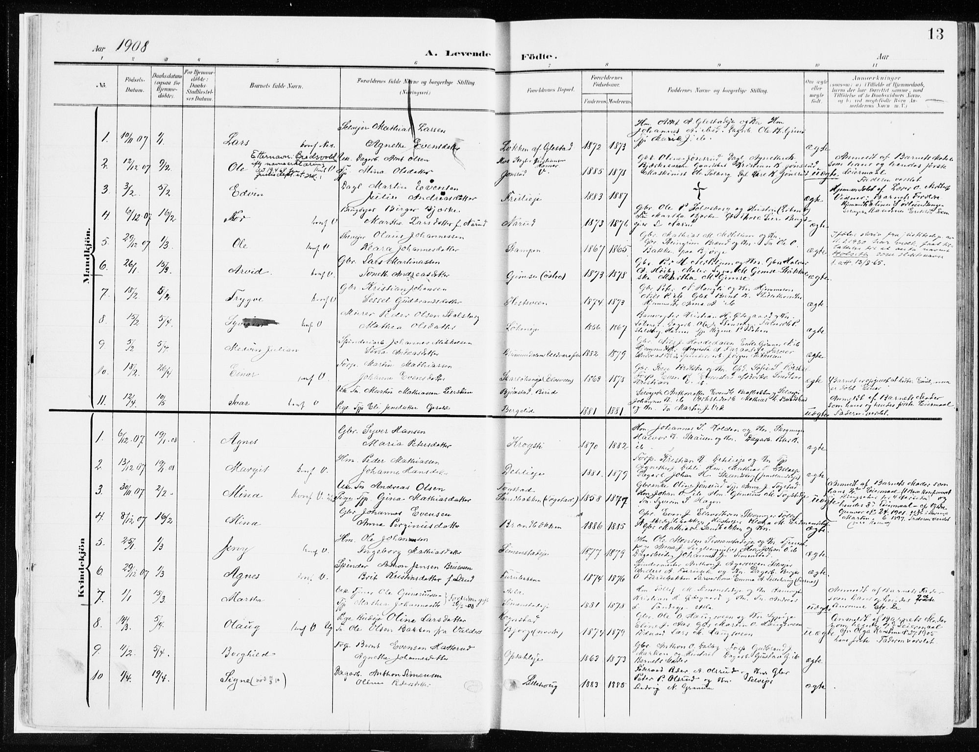 Ringsaker prestekontor, AV/SAH-PREST-014/K/Ka/L0019: Parish register (official) no. 19, 1905-1920, p. 13