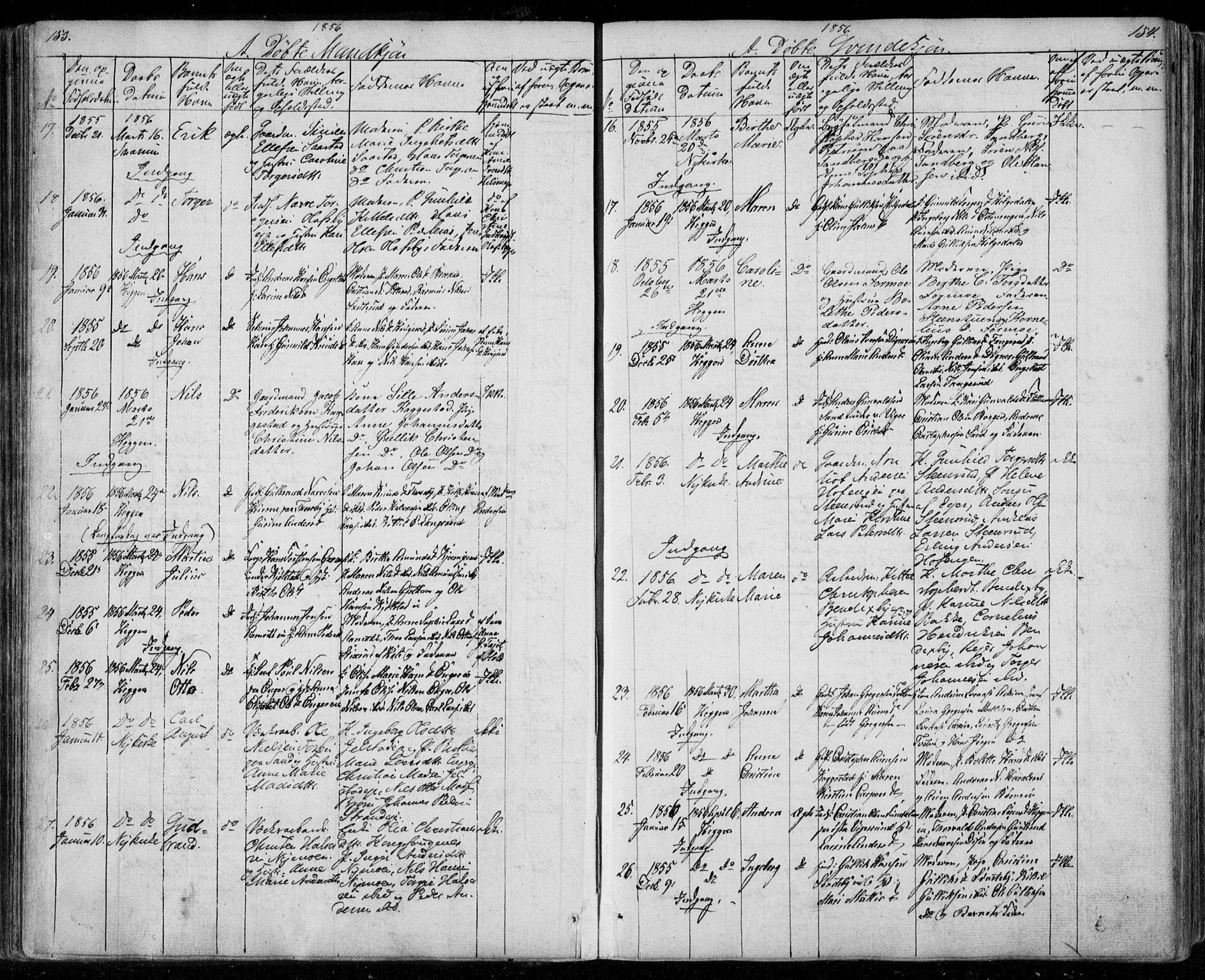 Modum kirkebøker, AV/SAKO-A-234/F/Fa/L0008: Parish register (official) no. 8, 1851-1859, p. 153-154