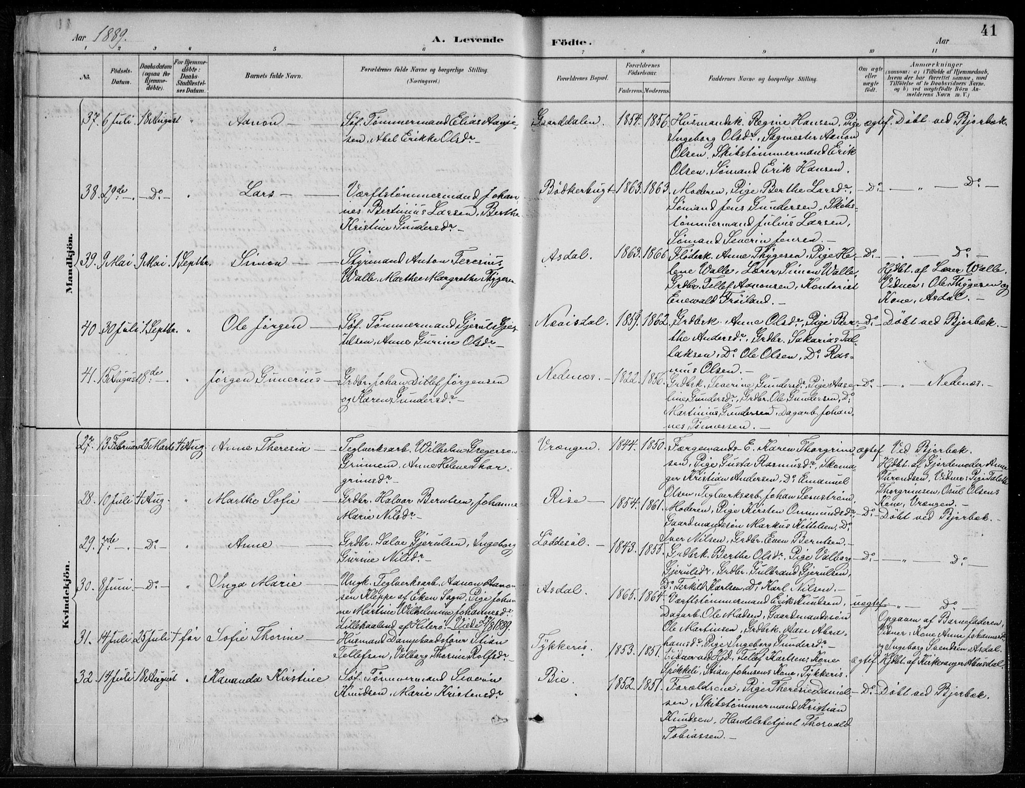 Øyestad sokneprestkontor, SAK/1111-0049/F/Fa/L0017: Parish register (official) no. A 17, 1887-1896, p. 41
