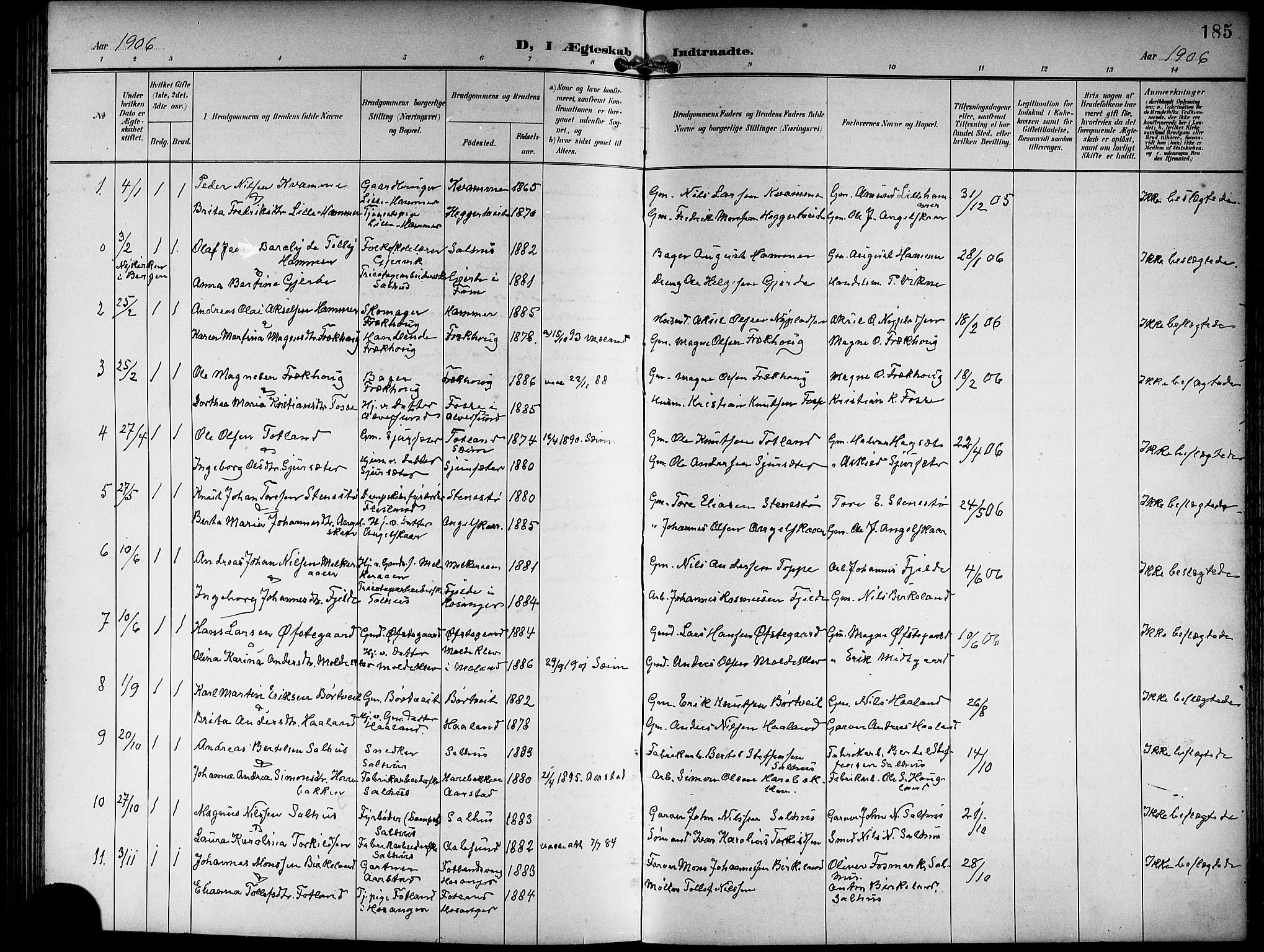 Hamre sokneprestembete, SAB/A-75501/H/Ha/Hab: Parish register (copy) no. B 4, 1898-1919, p. 185