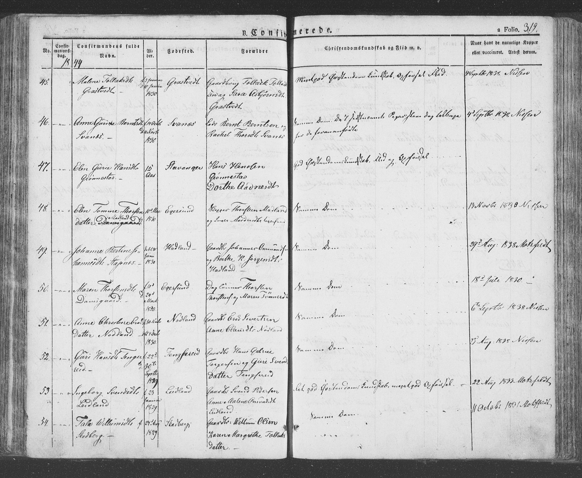 Eigersund sokneprestkontor, AV/SAST-A-101807/S08/L0009: Parish register (official) no. A 9, 1827-1850, p. 319