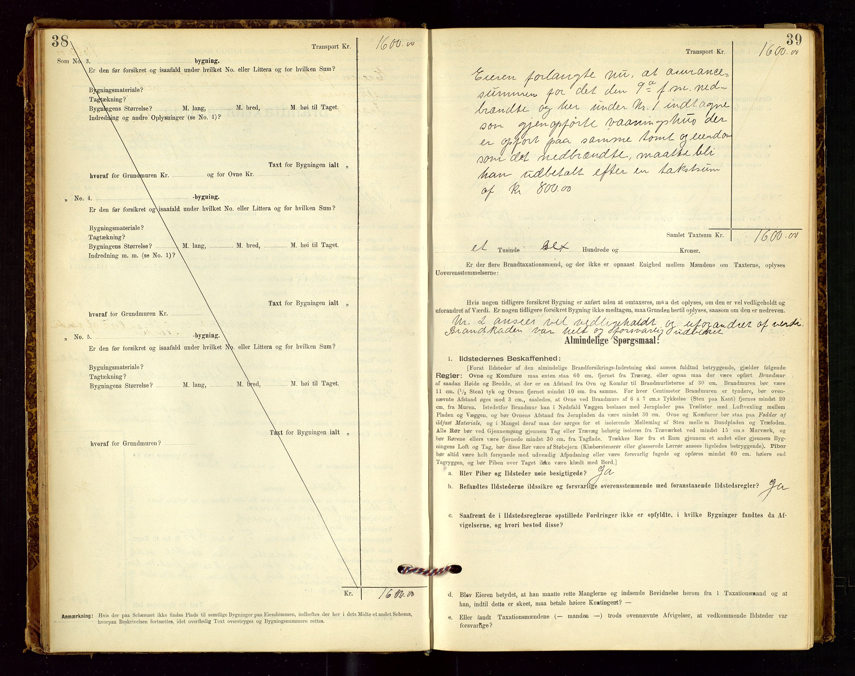 Sand lensmannskontor, AV/SAST-A-100415/Goc/L0001: "Brandtaxationsprotokol", 1895-1935, p. 38-39