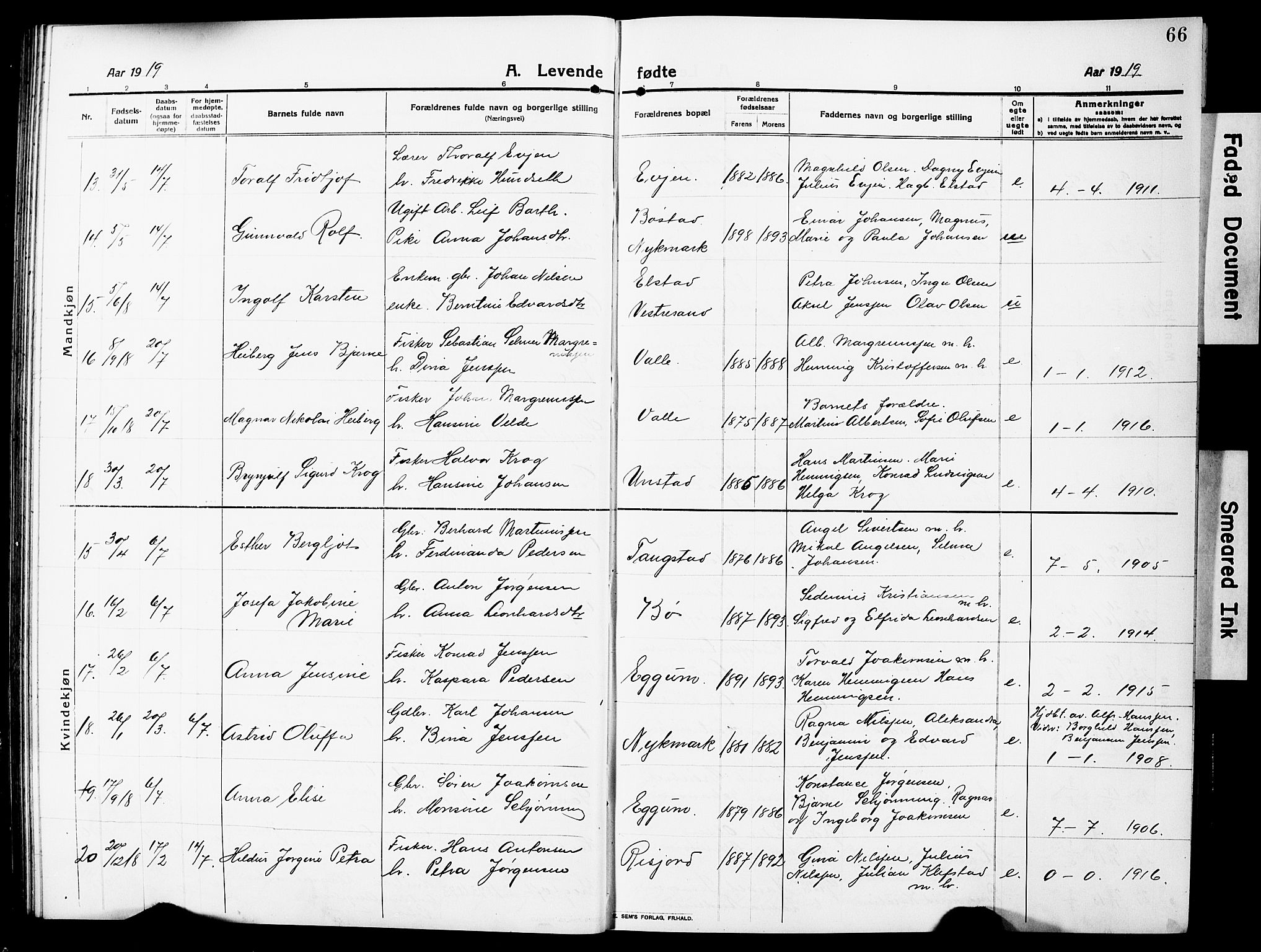 Ministerialprotokoller, klokkerbøker og fødselsregistre - Nordland, AV/SAT-A-1459/880/L1142: Parish register (copy) no. 880C04, 1913-1930, p. 66