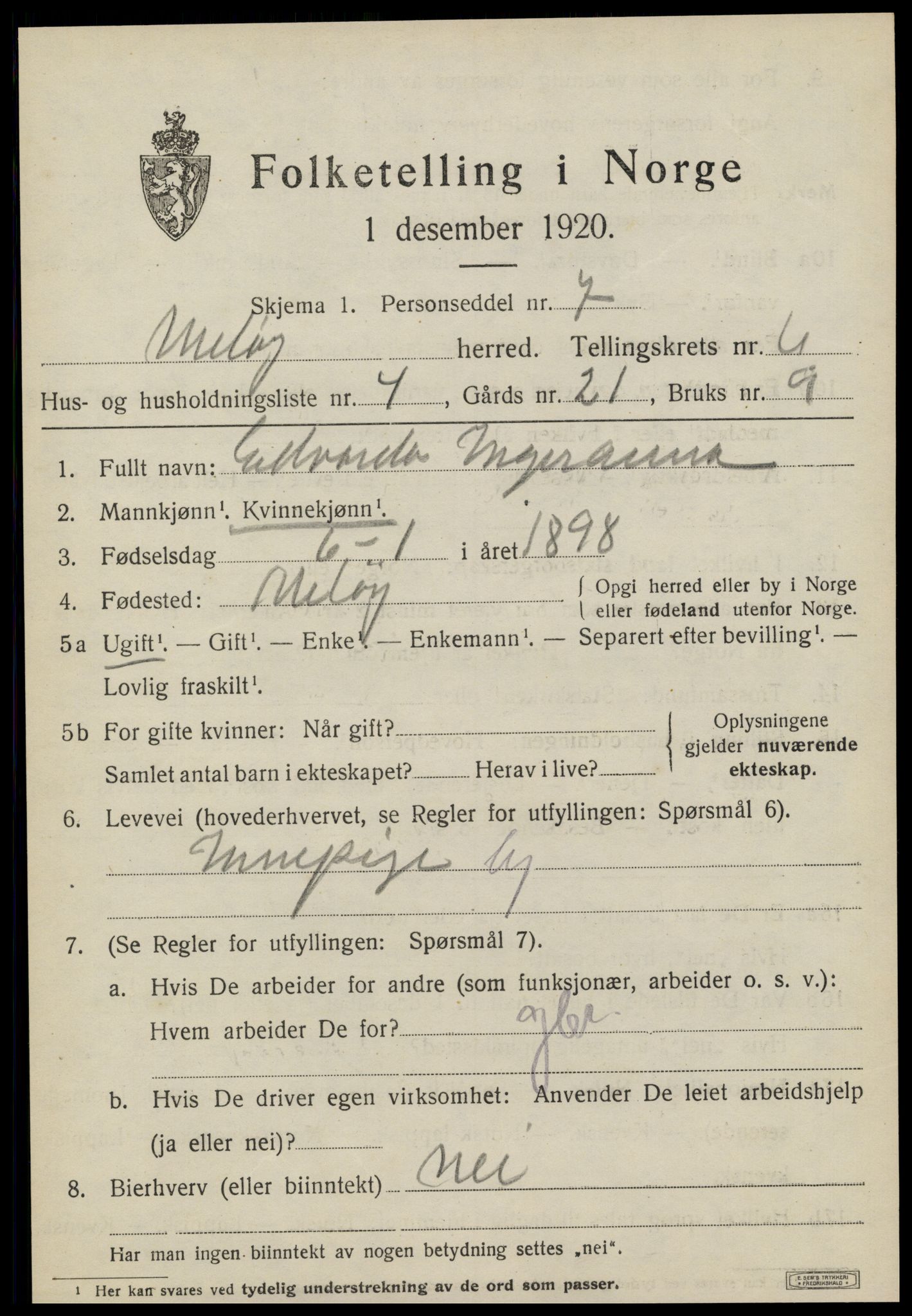 SAT, 1920 census for Meløy, 1920, p. 3447