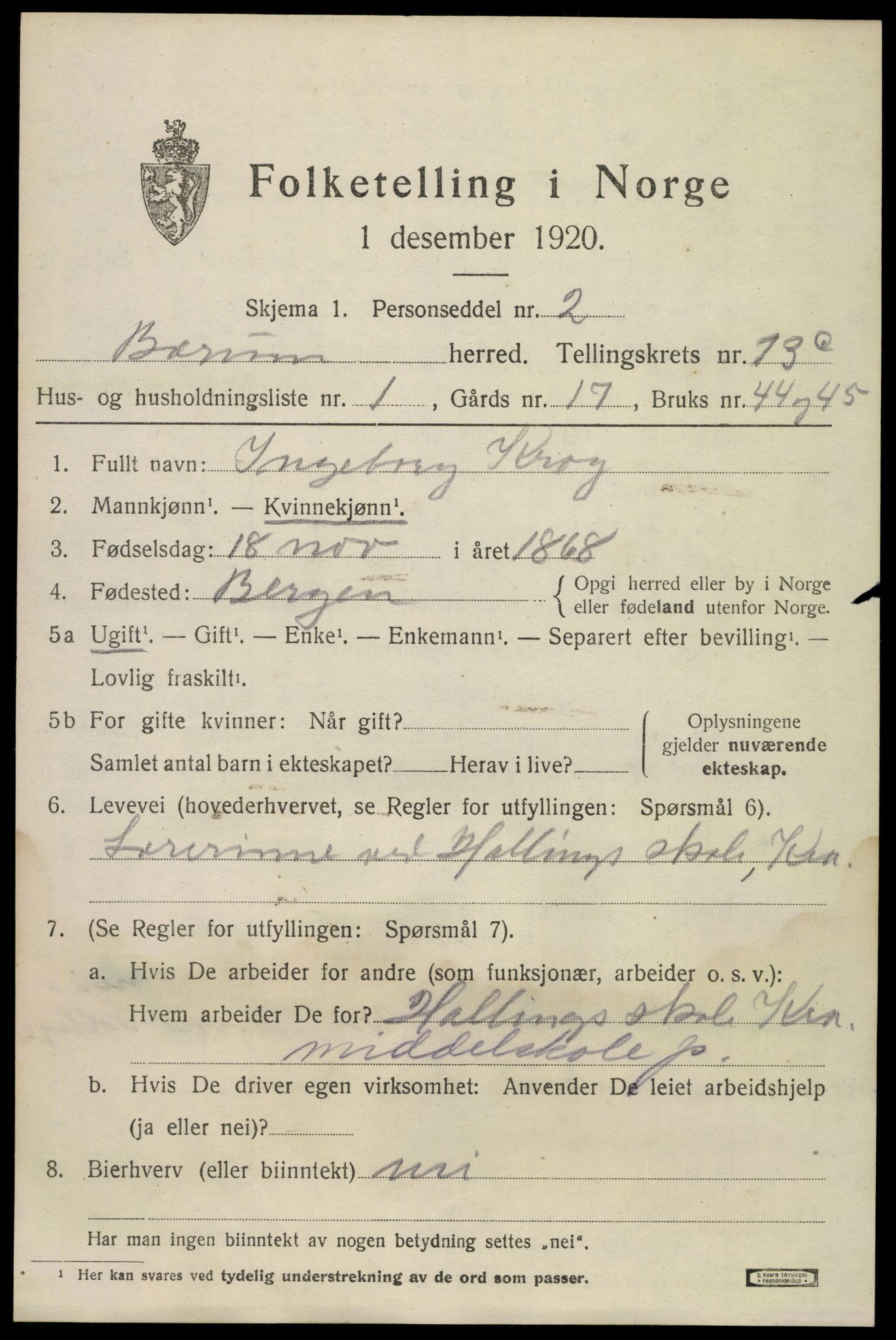 SAO, 1920 census for Bærum, 1920, p. 35644