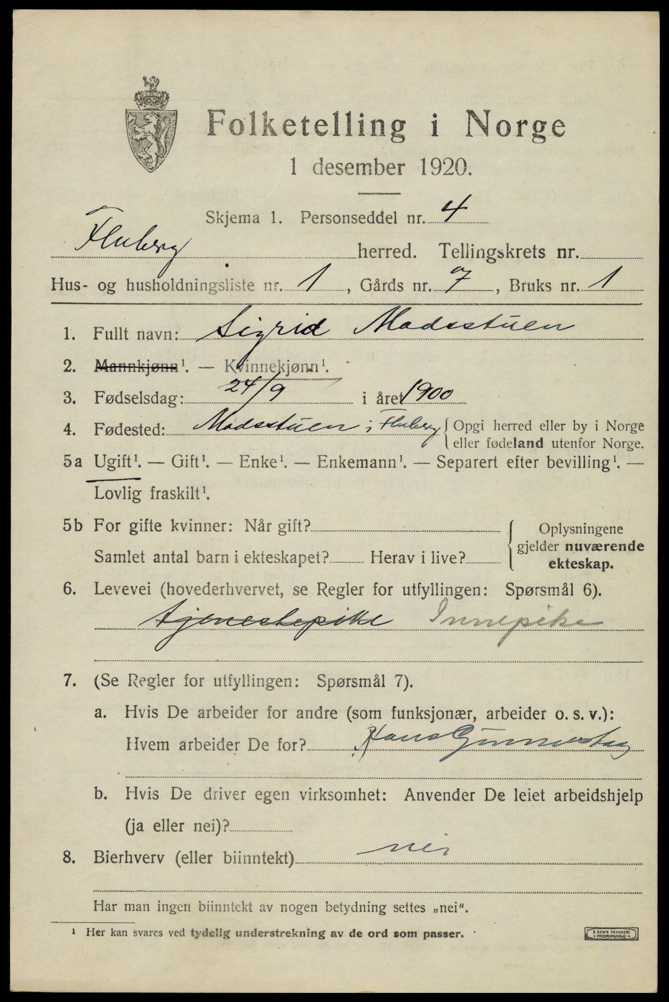 SAH, 1920 census for Fluberg, 1920, p. 3954