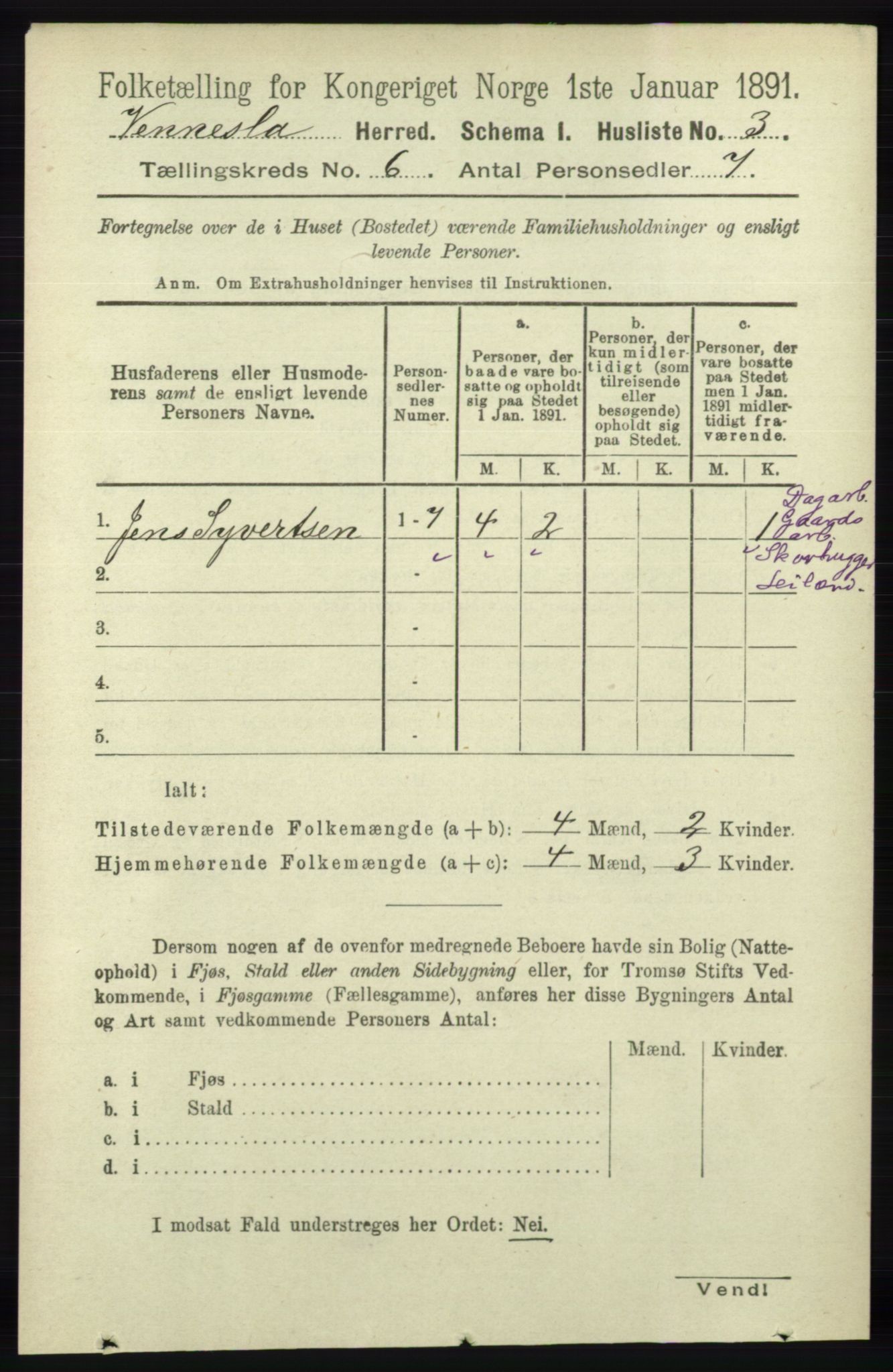 RA, 1891 census for 1014 Vennesla, 1891, p. 1556