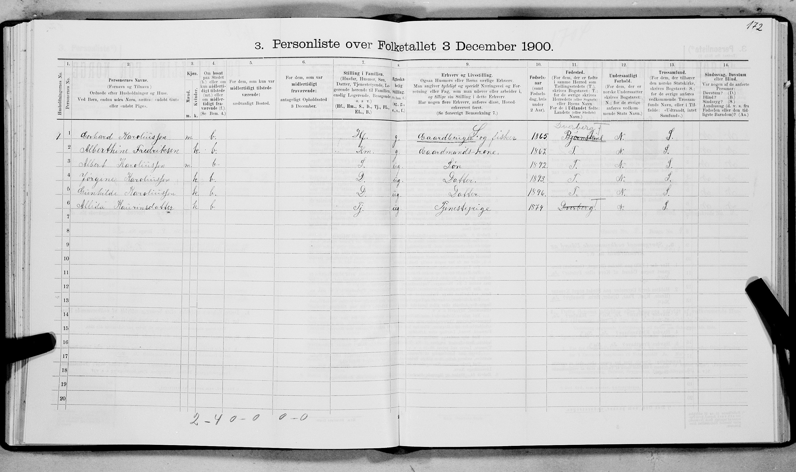 SAT, 1900 census for Dverberg, 1900, p. 203