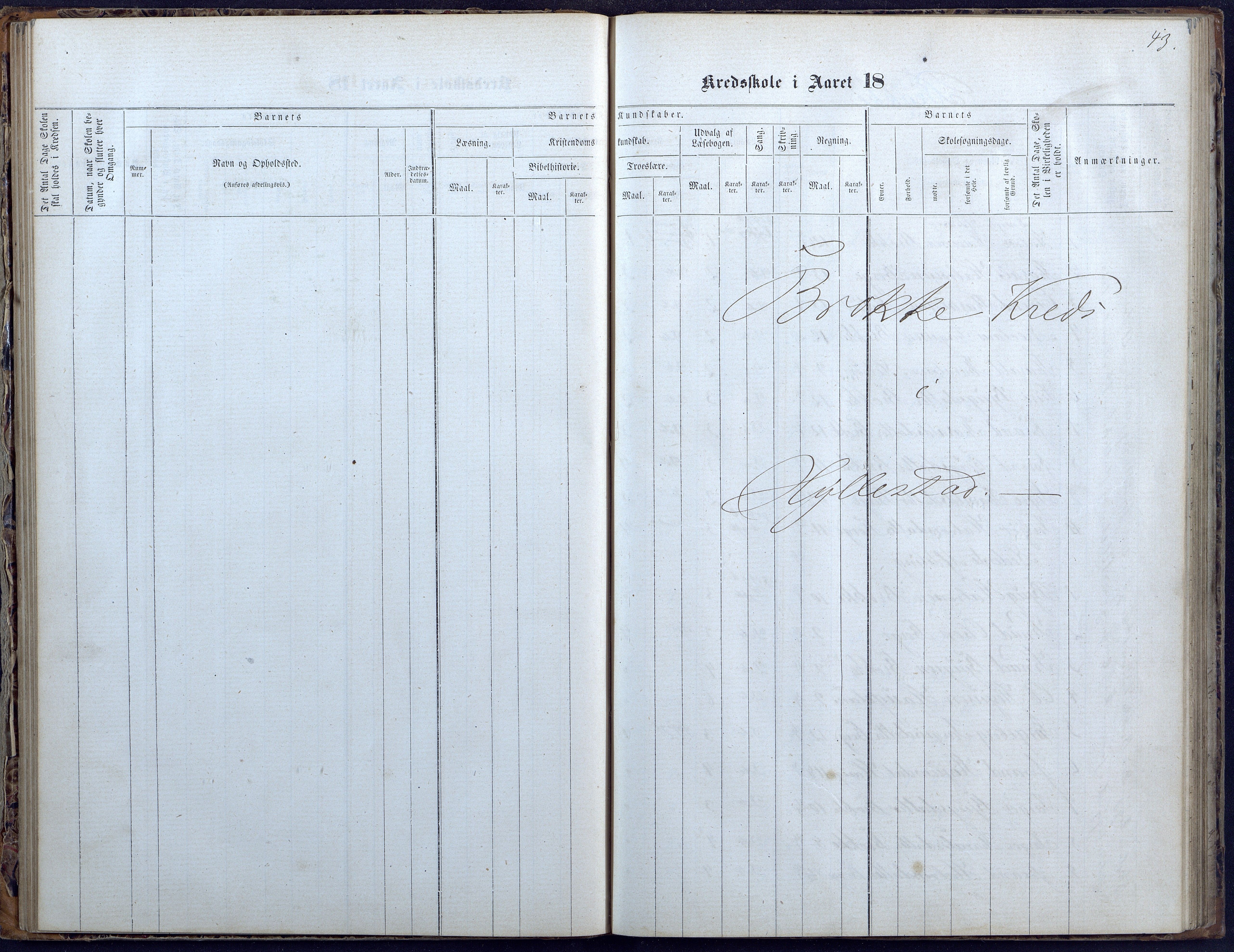 Hylestad kommune, AAKS/KA0939-PK/03/03b/L0004: Skoleprotokoll for Haugen og Brokke krets, 1863-1888, p. 43