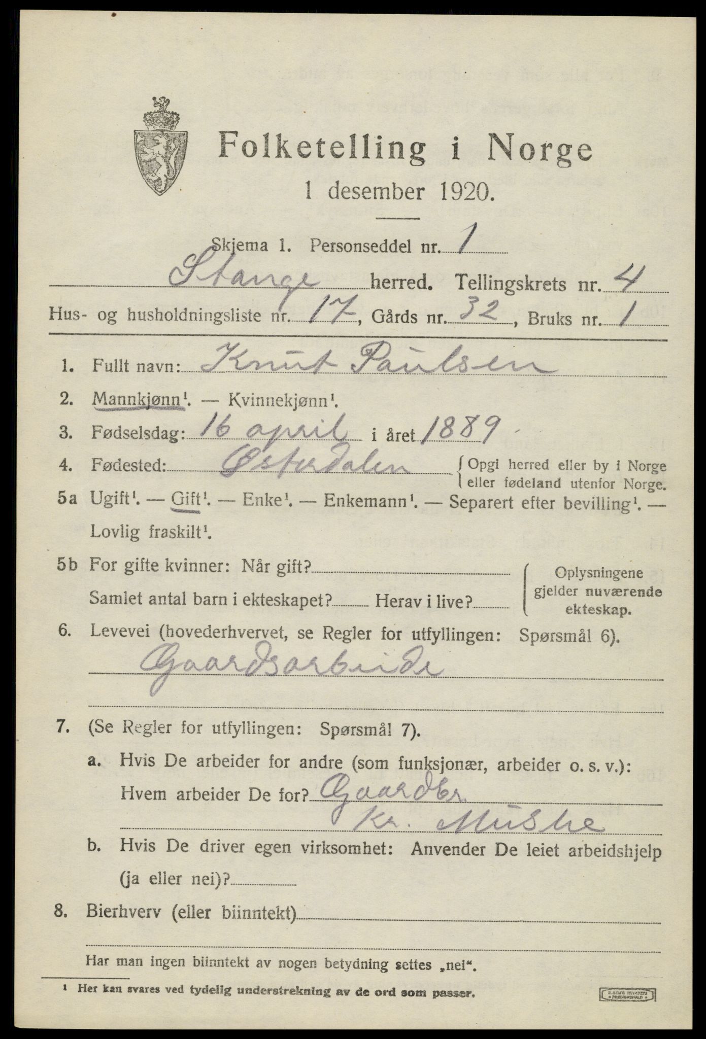 SAH, 1920 census for Stange, 1920, p. 6813