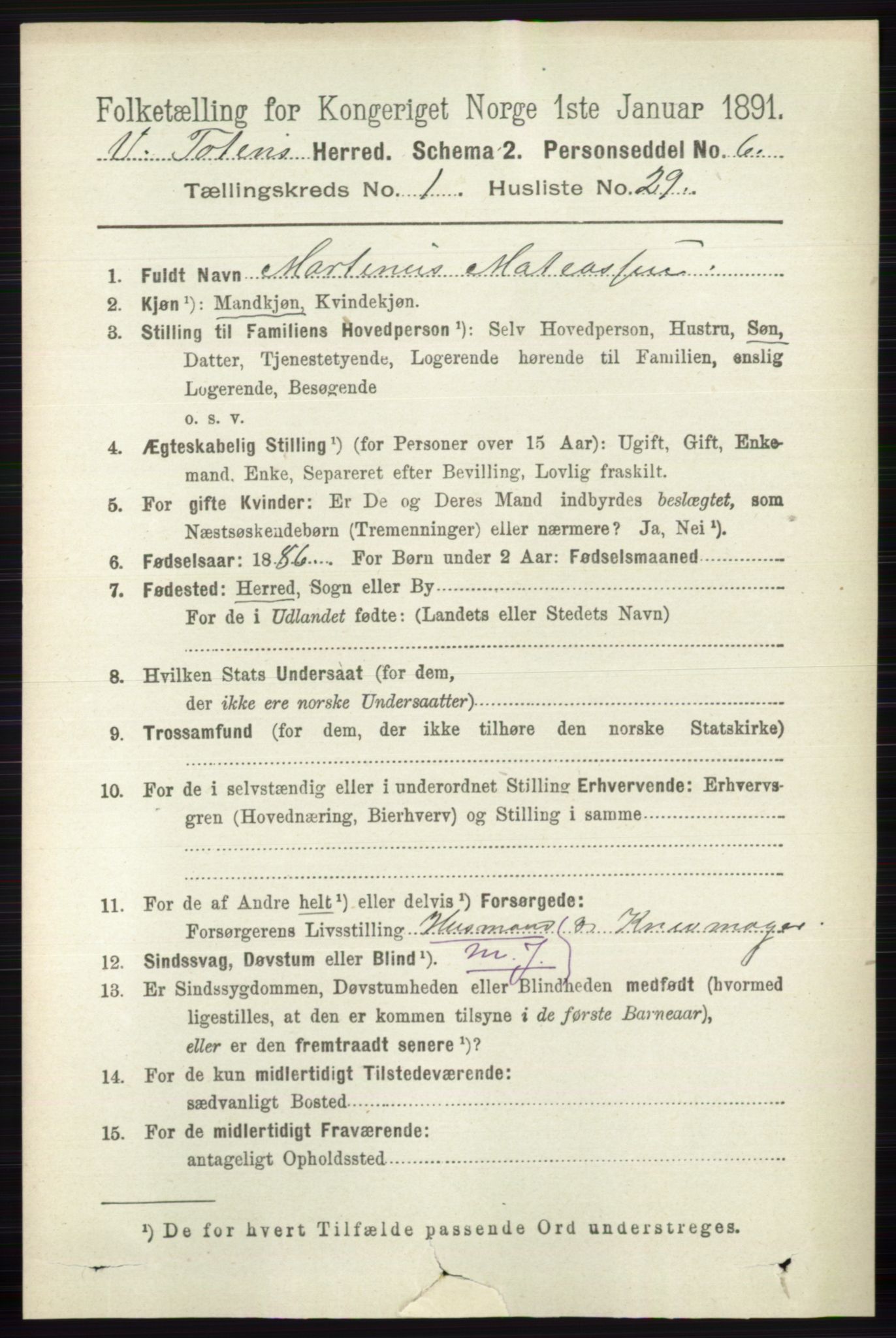 RA, 1891 census for 0529 Vestre Toten, 1891, p. 373