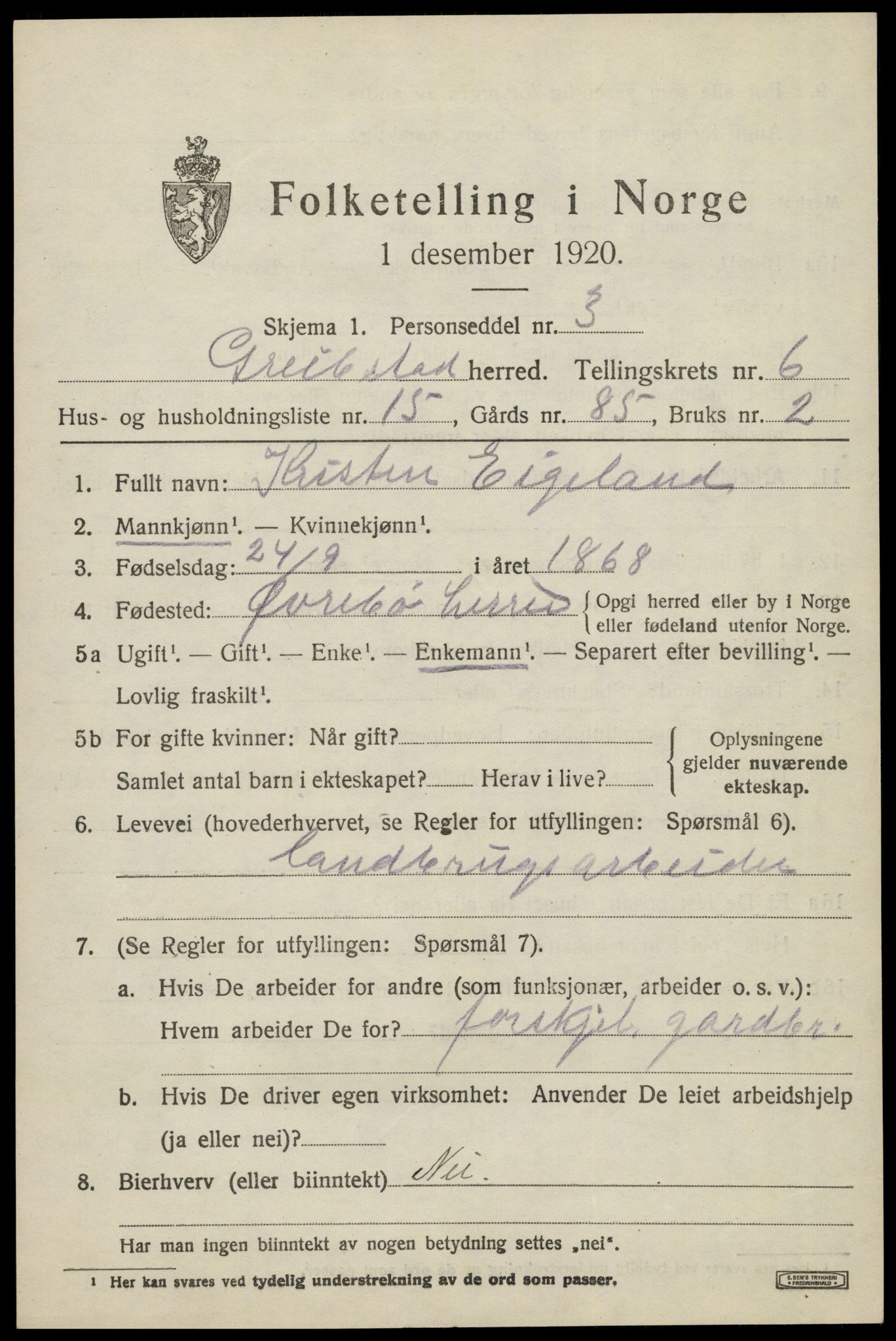 SAK, 1920 census for Greipstad, 1920, p. 2060