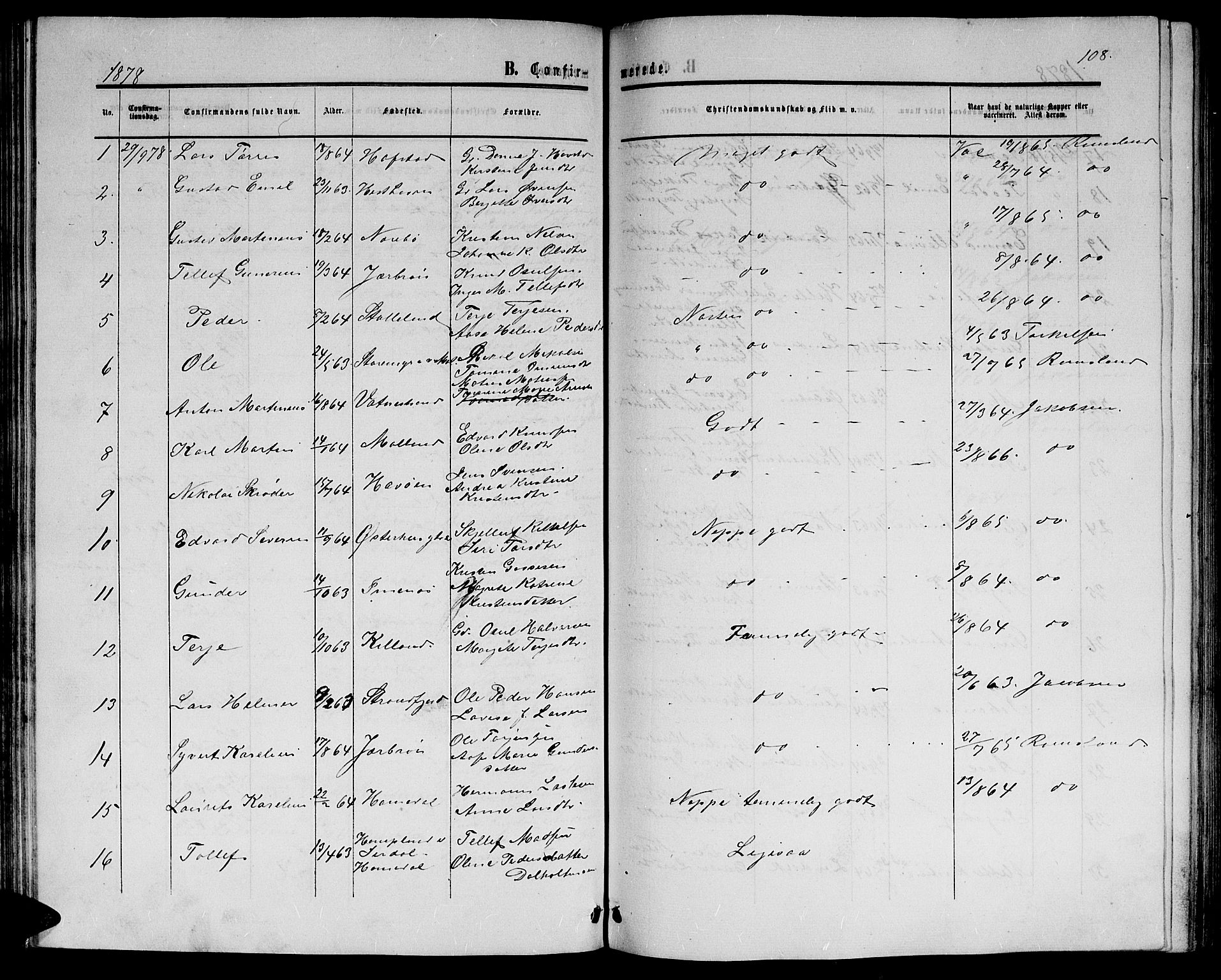 Hommedal sokneprestkontor, SAK/1111-0023/F/Fb/Fbb/L0006: Parish register (copy) no. B 6, 1869-1884, p. 108
