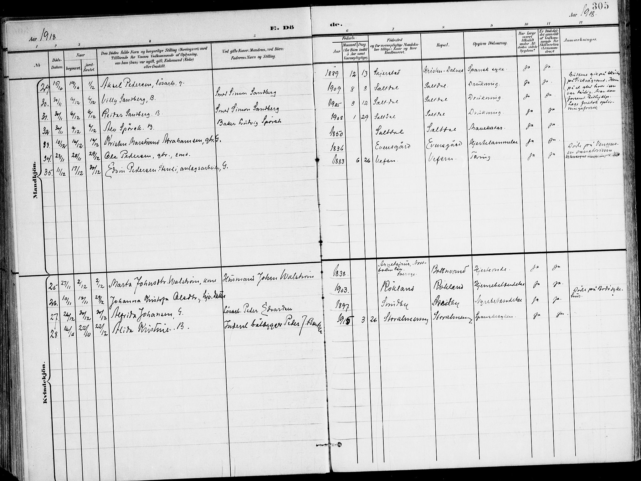Ministerialprotokoller, klokkerbøker og fødselsregistre - Nordland, SAT/A-1459/847/L0672: Parish register (official) no. 847A12, 1902-1919, p. 305