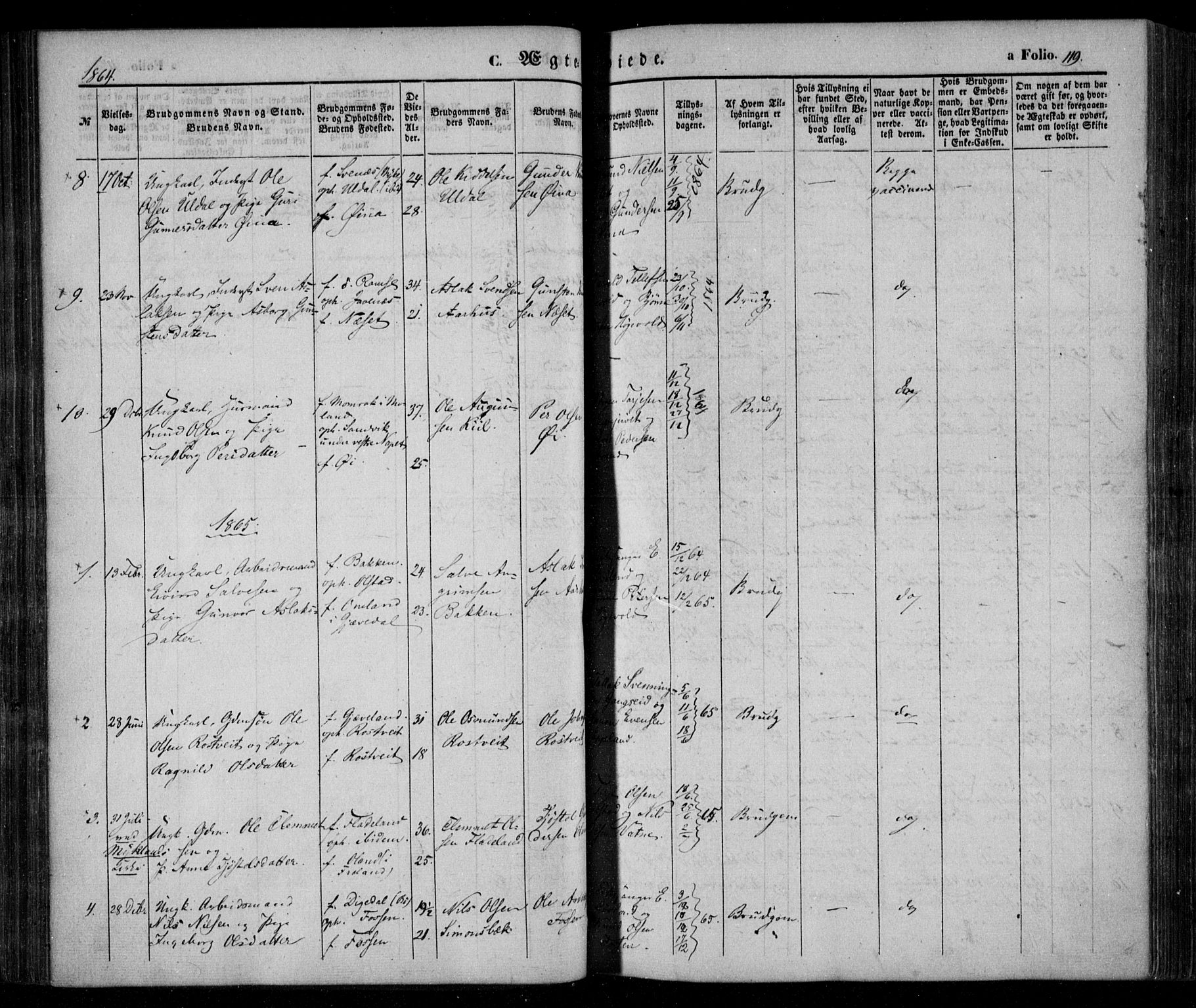 Åmli sokneprestkontor, SAK/1111-0050/F/Fa/Fac/L0008: Parish register (official) no. A 8, 1852-1869, p. 119