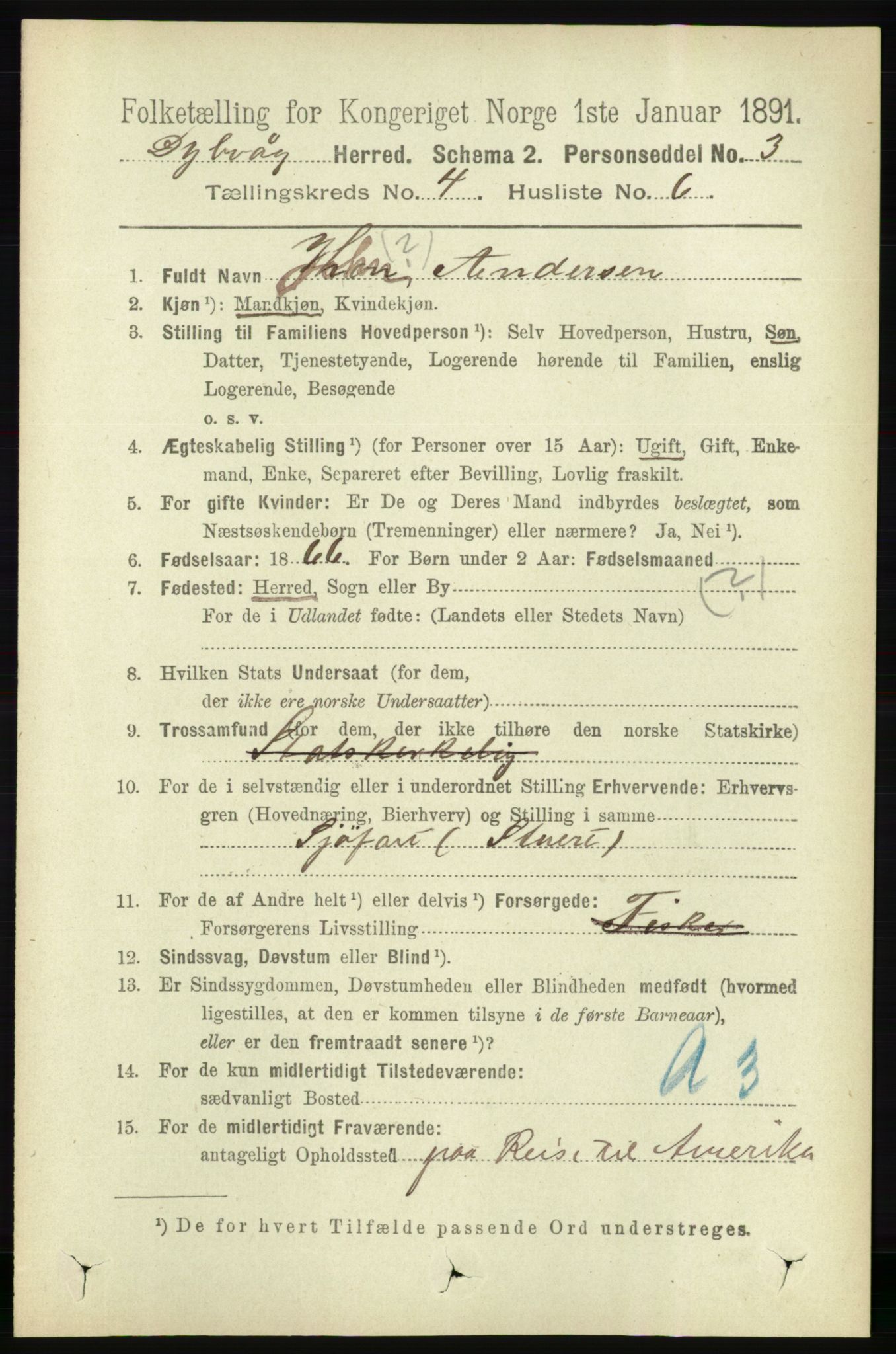 RA, 1891 census for 0915 Dypvåg, 1891, p. 1052