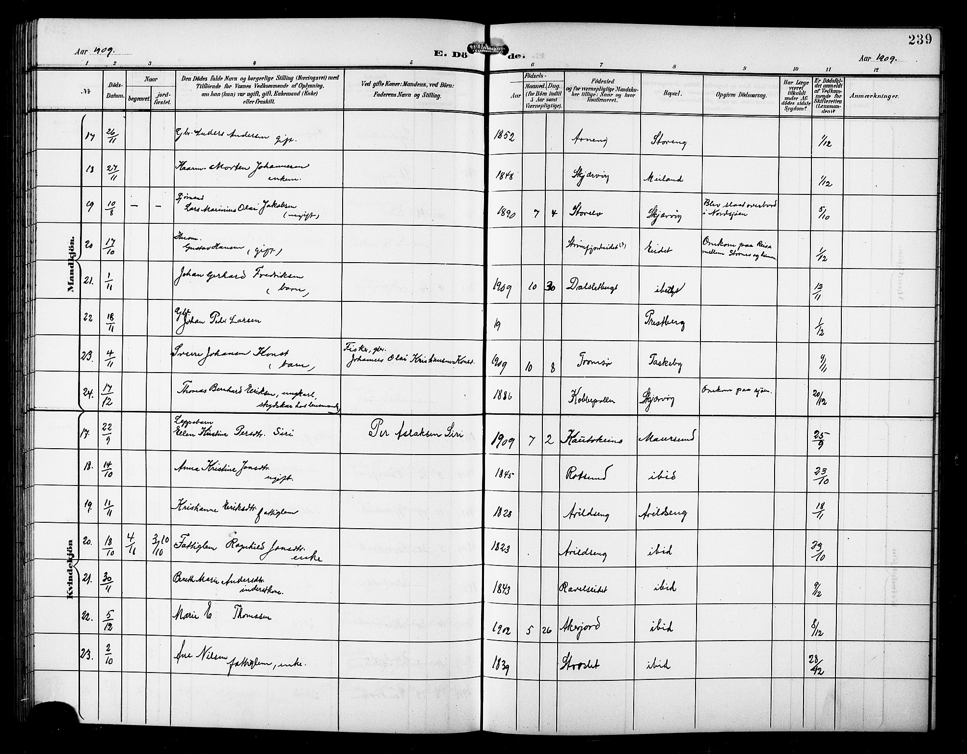 Skjervøy sokneprestkontor, AV/SATØ-S-1300/H/Ha/Hab/L0008klokker: Parish register (copy) no. 8, 1900-1910, p. 239