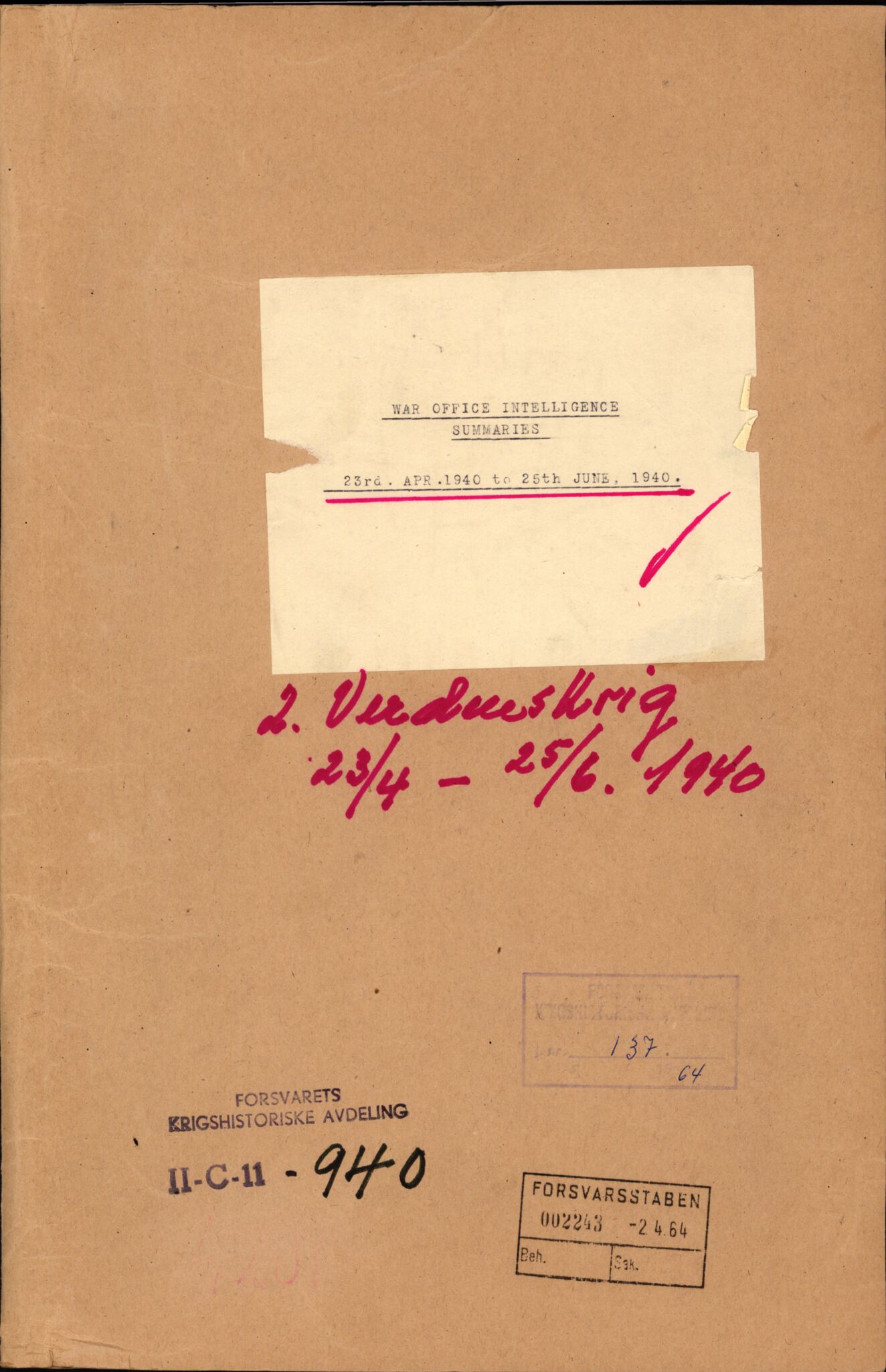 Forsvaret, Forsvarets krigshistoriske avdeling, RA/RAFA-2017/Y/Yd/L0172: II-C-11-940-970  -  Storbritannia.  Frankrike.  Polen.  Jugoslavia., 1940-1945, p. 1