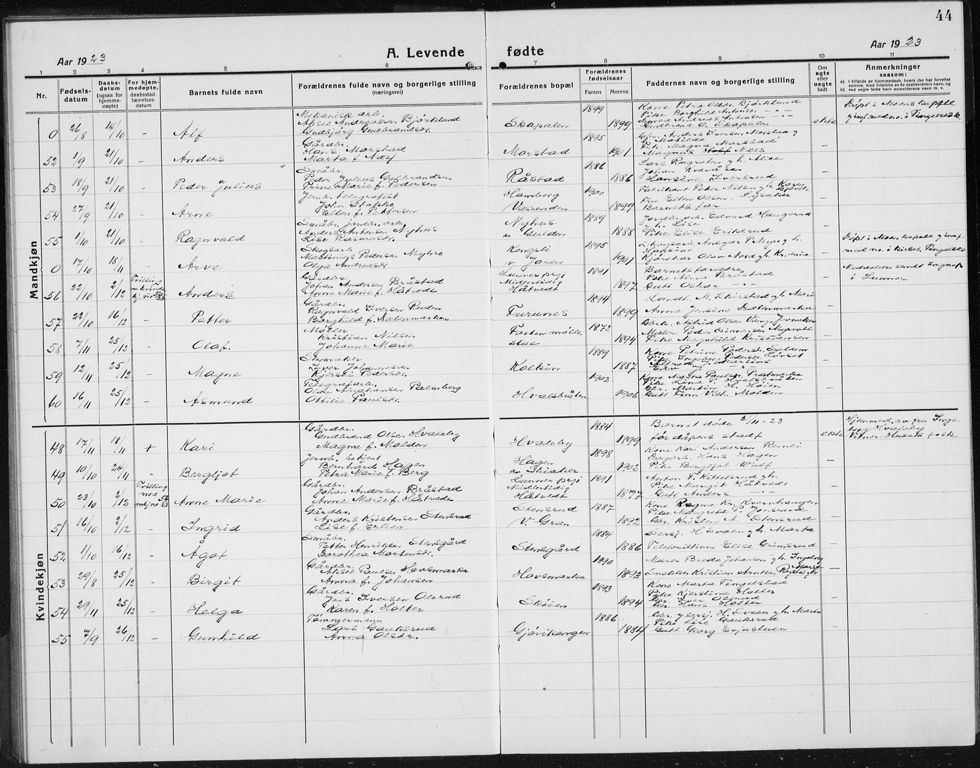 Gran prestekontor, AV/SAH-PREST-112/H/Ha/Hab/L0008: Parish register (copy) no. 8, 1917-1935, p. 44