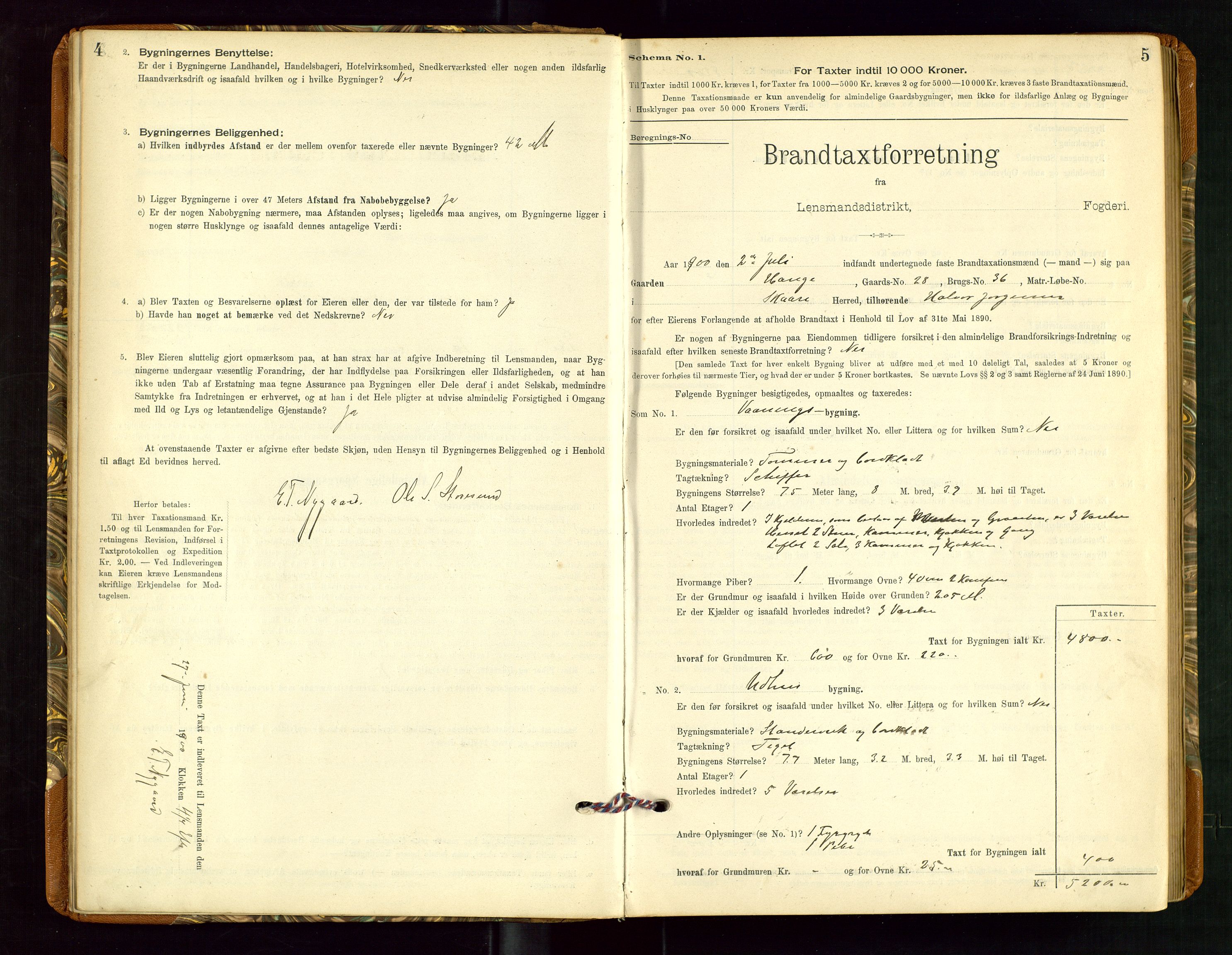 Torvestad lensmannskontor, SAST/A-100307/1/Gob/L0002: "Brandtakstprotokol for Lensmanden i Torvestad", 1900-1905, p. 4-5