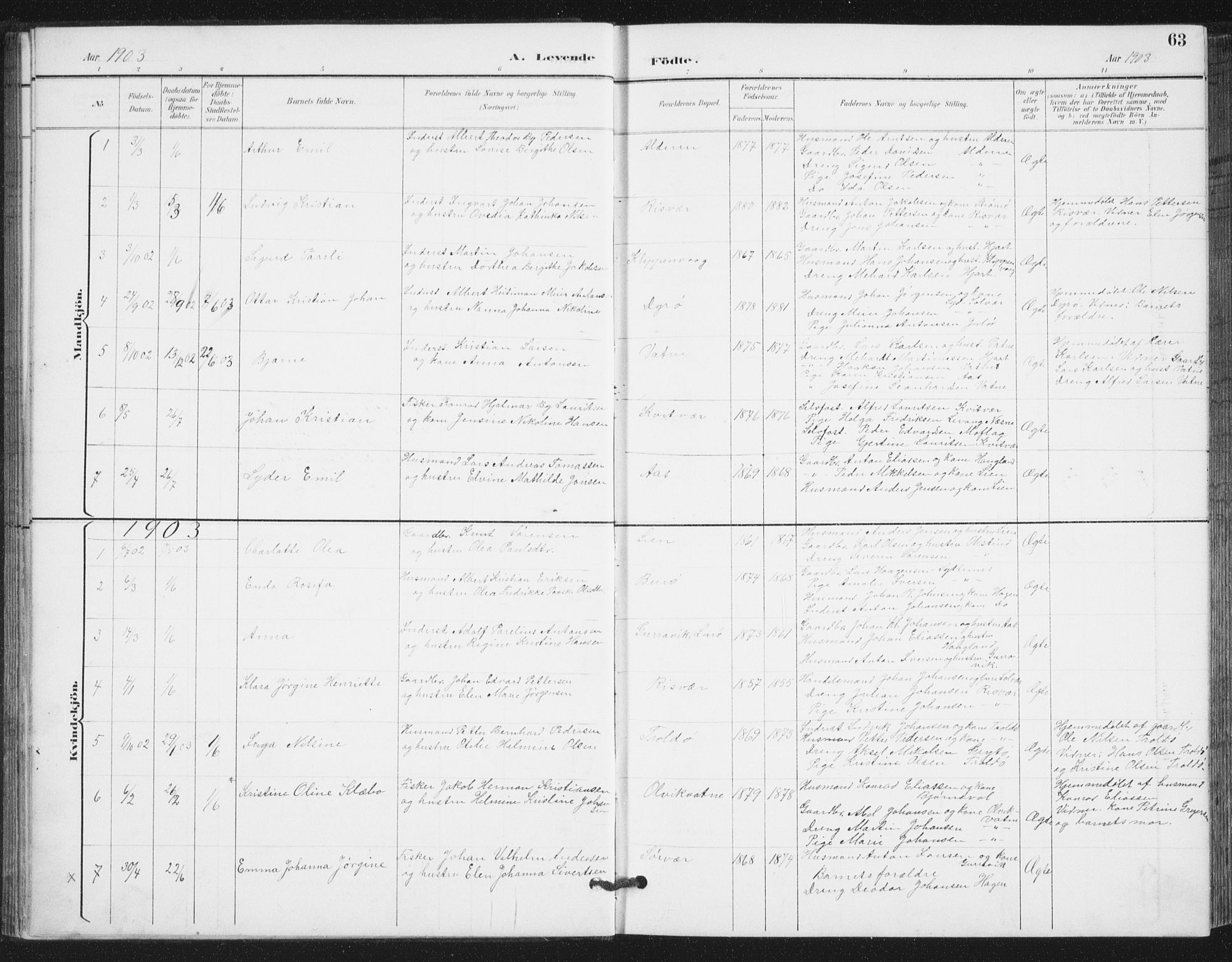 Ministerialprotokoller, klokkerbøker og fødselsregistre - Nordland, SAT/A-1459/839/L0573: Parish register (copy) no. 839C03, 1892-1917, p. 63