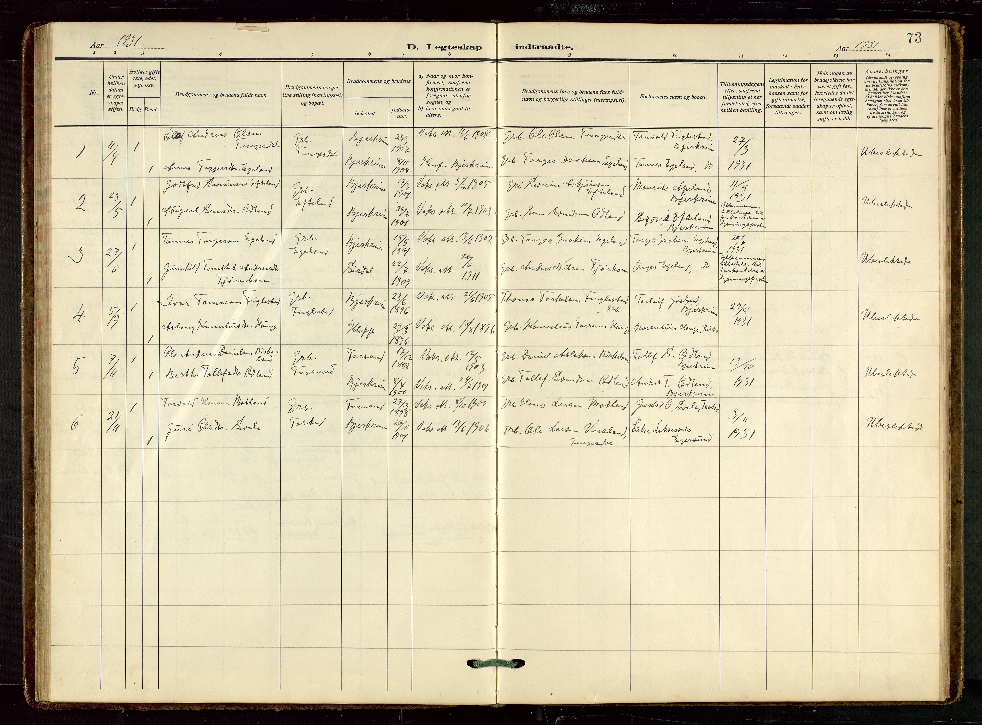 Helleland sokneprestkontor, SAST/A-101810: Parish register (copy) no. B 7, 1923-1945, p. 73