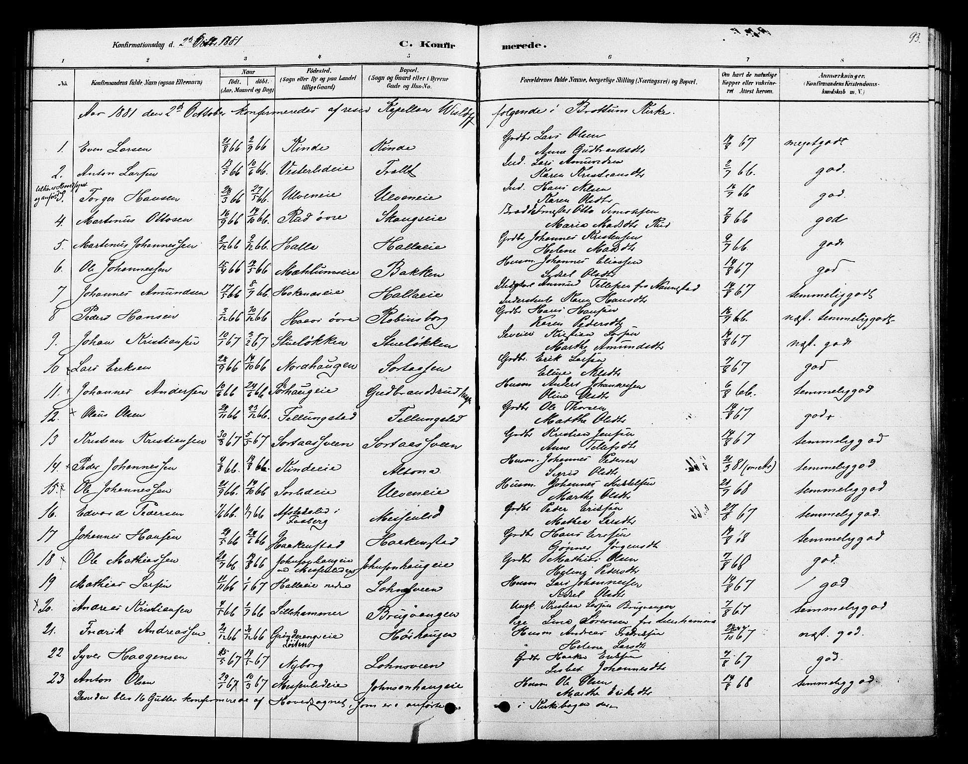 Ringsaker prestekontor, AV/SAH-PREST-014/K/Ka/L0013: Parish register (official) no. 13, 1879-1890, p. 93