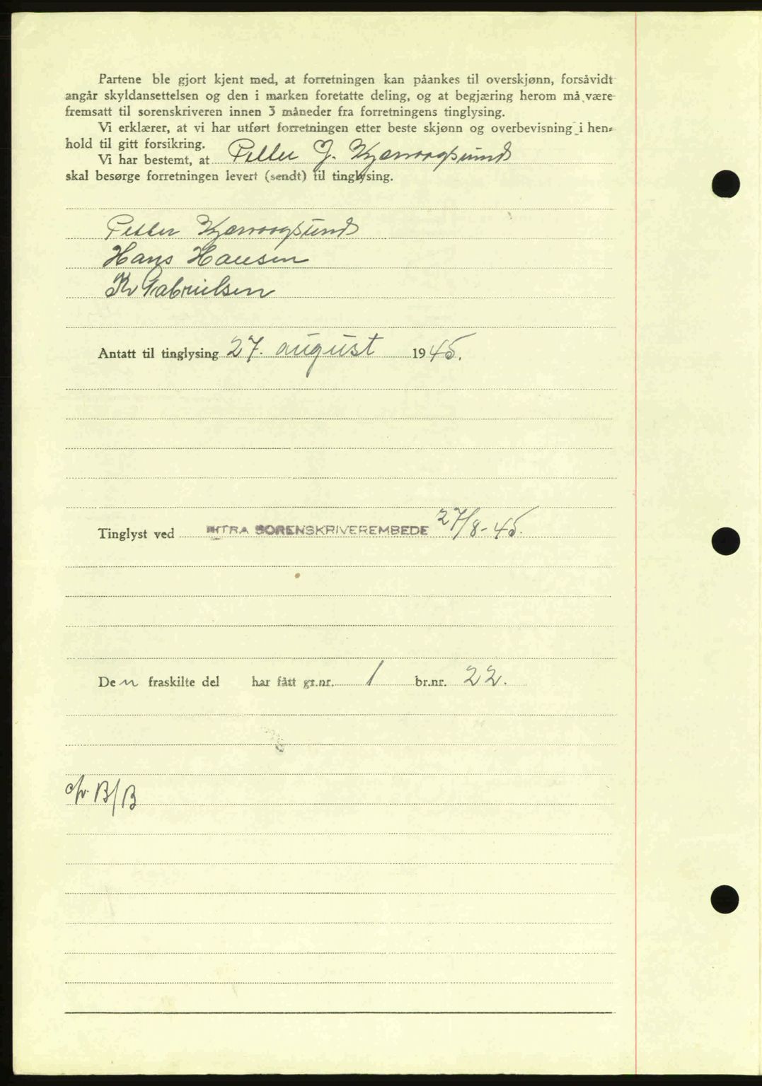 Hitra sorenskriveri, AV/SAT-A-0018/2/2C/2Ca: Mortgage book no. A2, 1943-1945, Diary no: : 469/1945