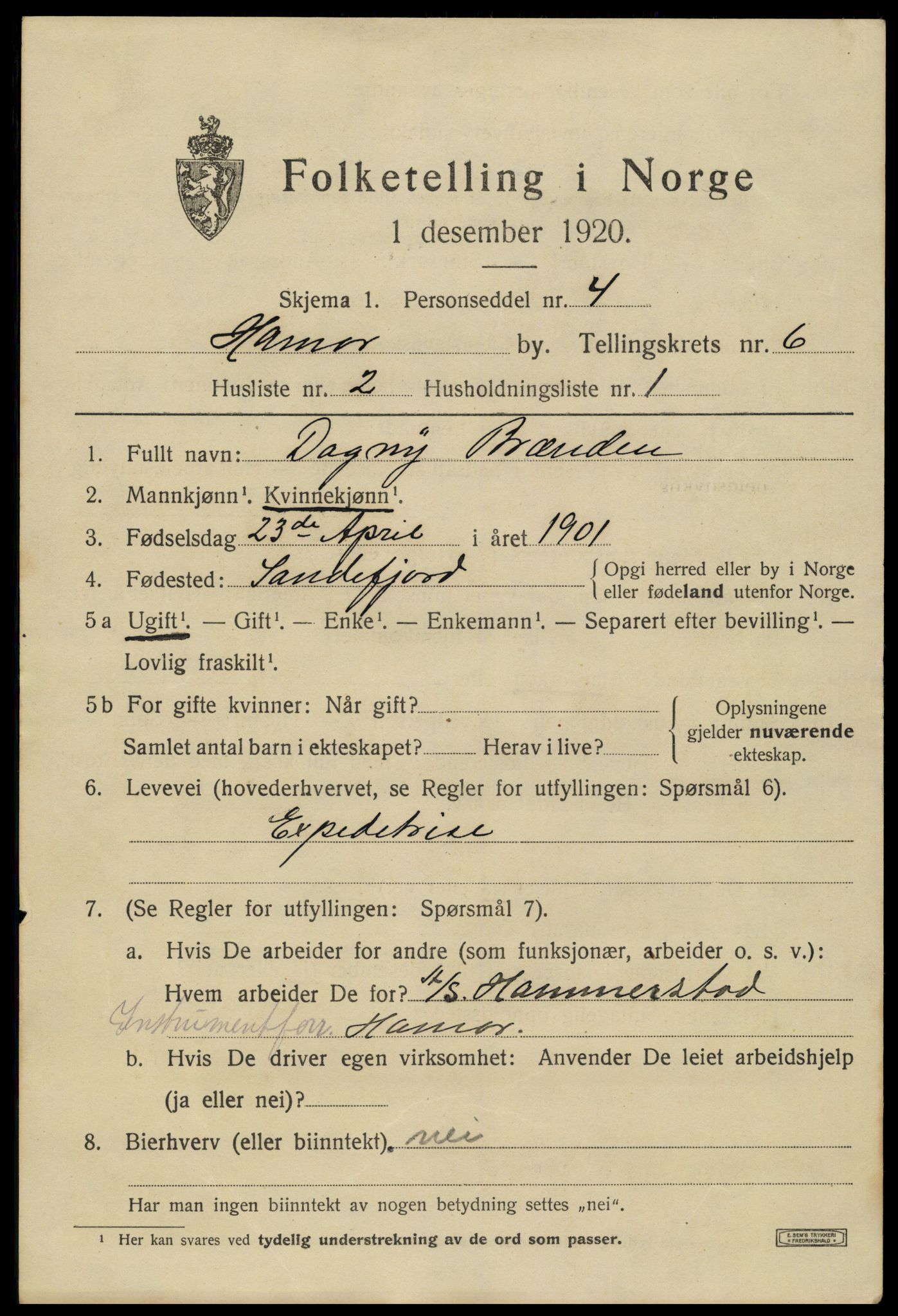 SAH, 1920 census for Hamar, 1920, p. 10977