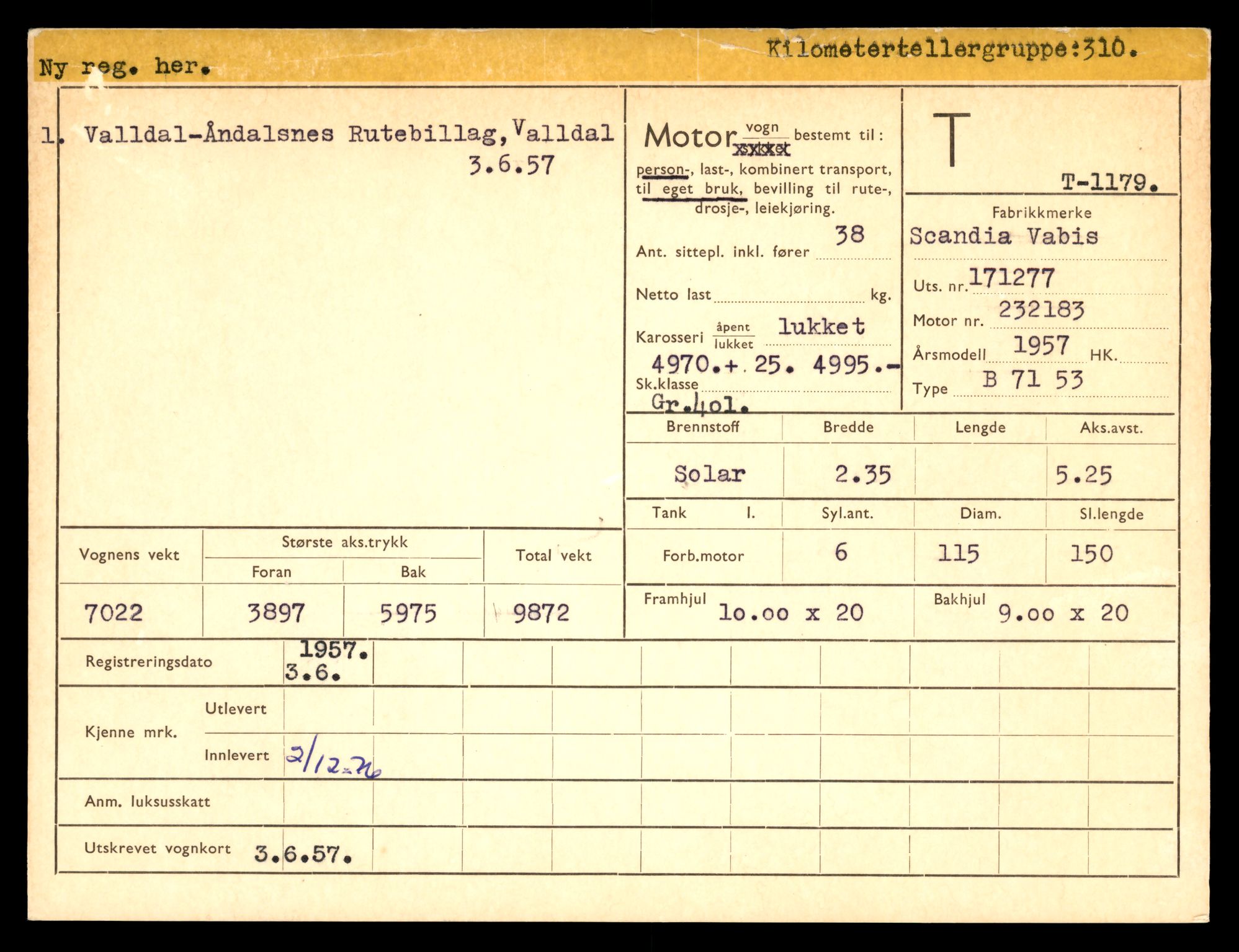 Møre og Romsdal vegkontor - Ålesund trafikkstasjon, AV/SAT-A-4099/F/Fe/L0011: Registreringskort for kjøretøy T 1170 - T 1289, 1927-1998, p. 207