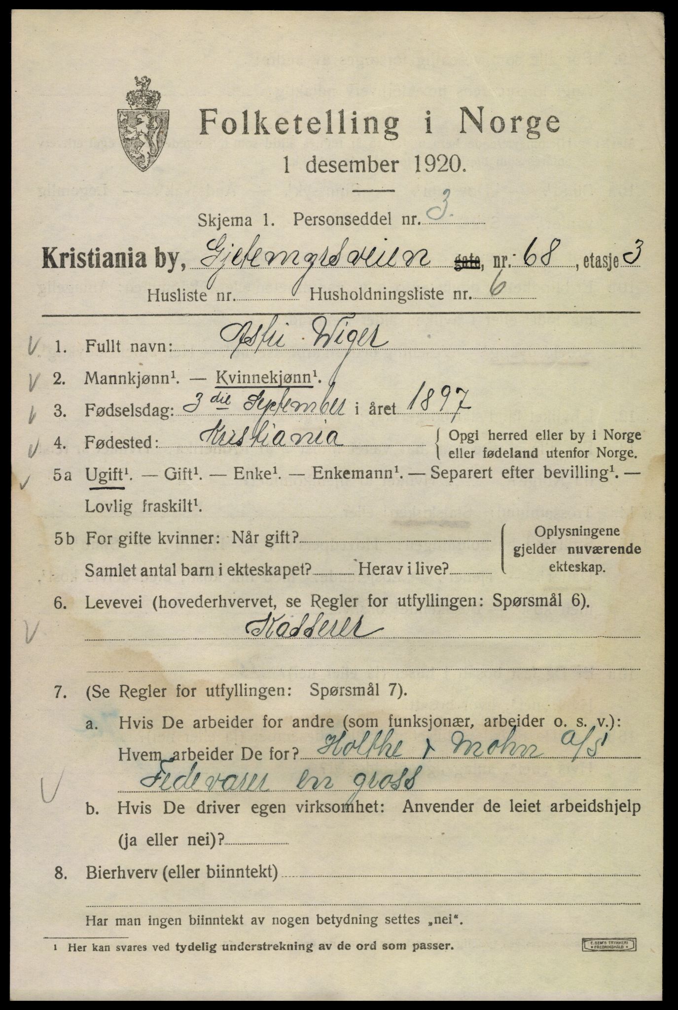 SAO, 1920 census for Kristiania, 1920, p. 250121