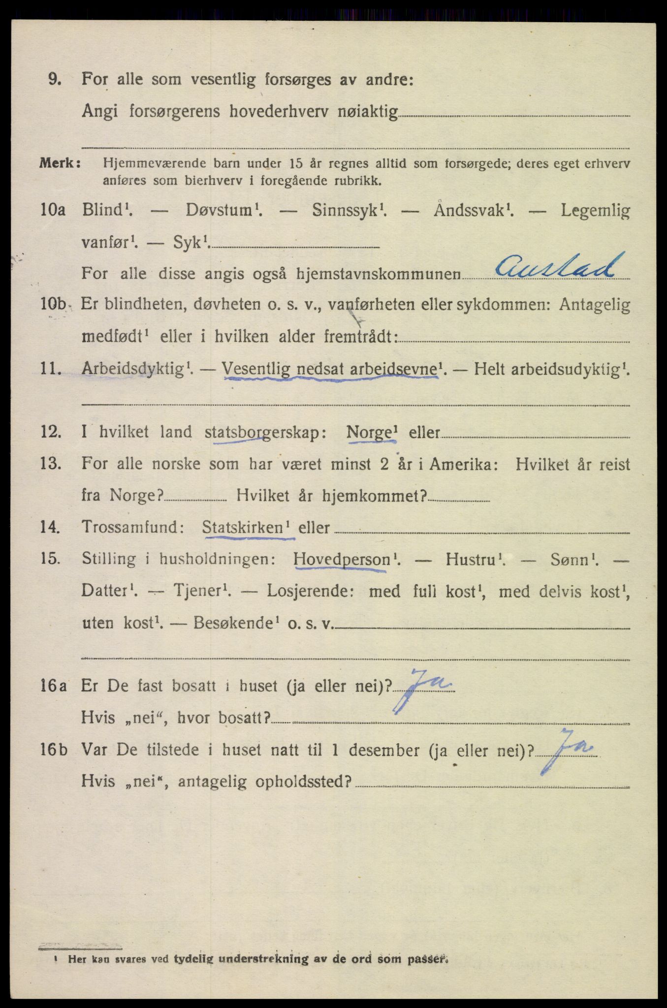 SAK, 1920 census for Austad, 1920, p. 1420