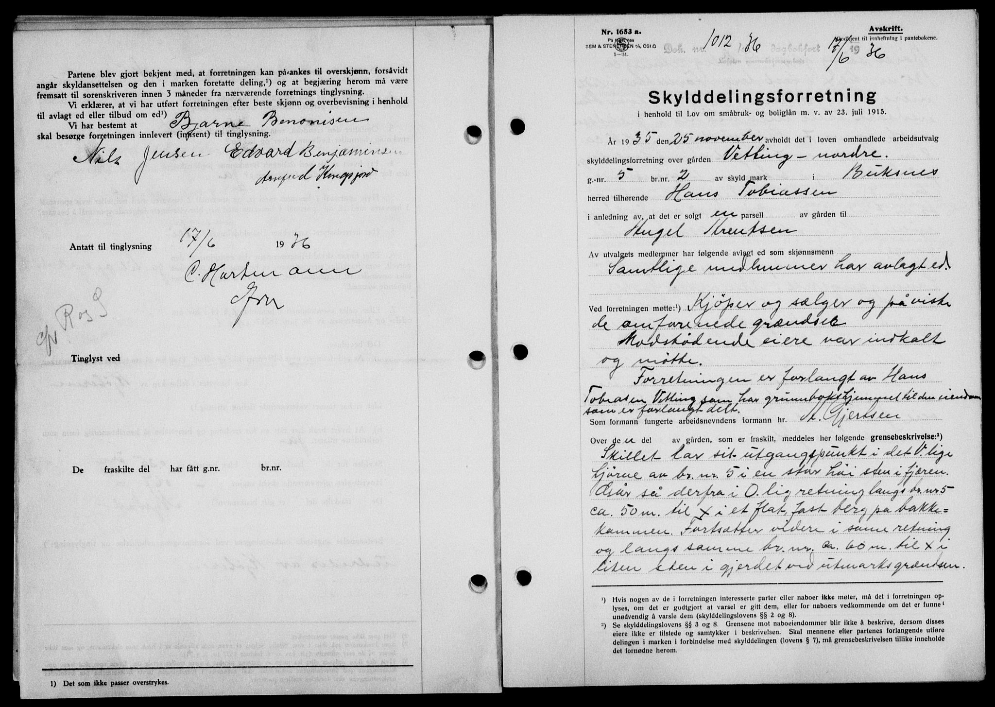Lofoten sorenskriveri, SAT/A-0017/1/2/2C/L0033b: Mortgage book no. 33b, 1936-1936, Diary no: : 1012/1936