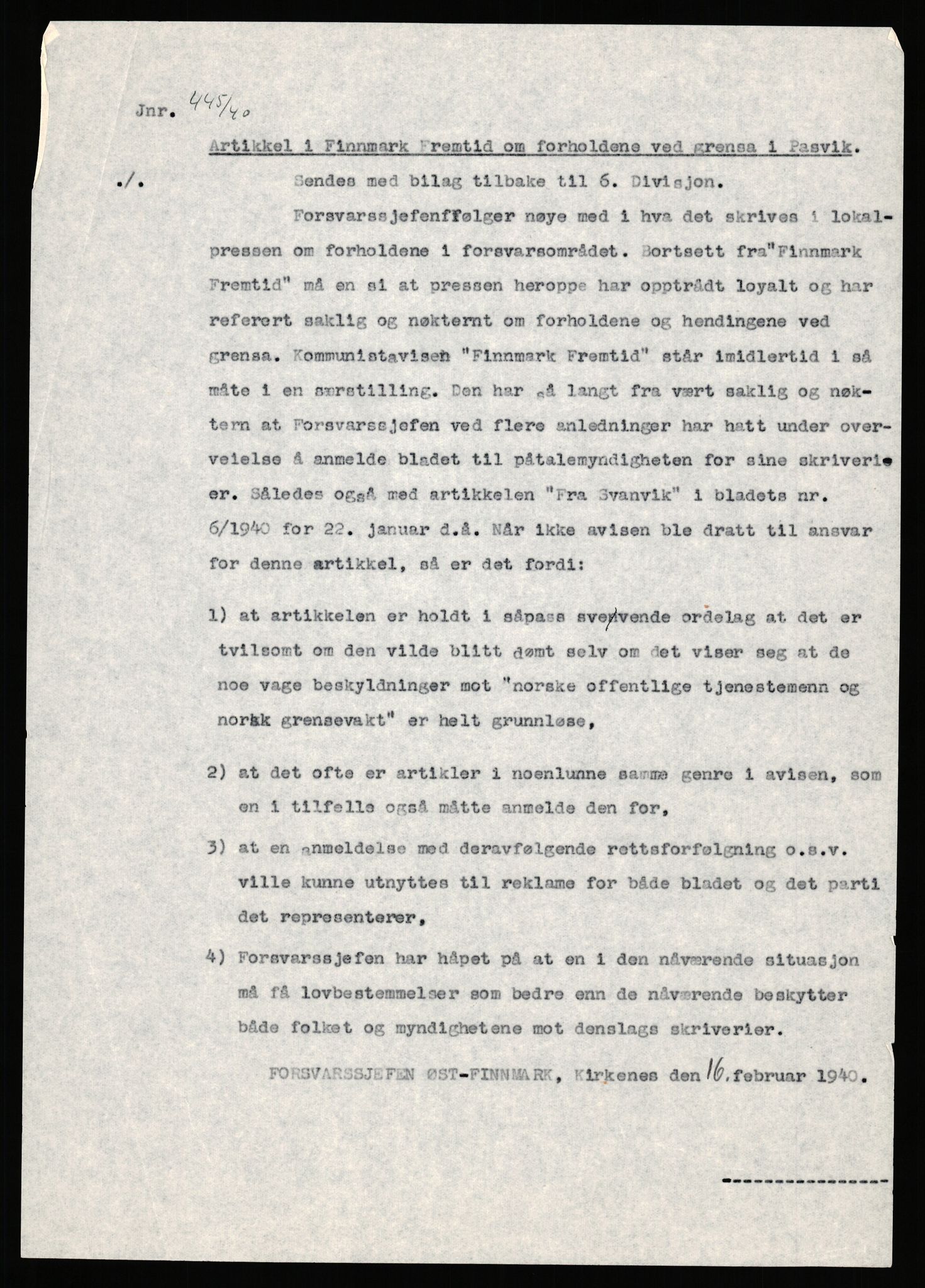 Forsvaret, Forsvarets krigshistoriske avdeling, AV/RA-RAFA-2017/Y/Yb/L0151: II-C-11-645  -  6. Divisjon: avsnittsjefen i Øst-Finnmark, 1940, p. 537