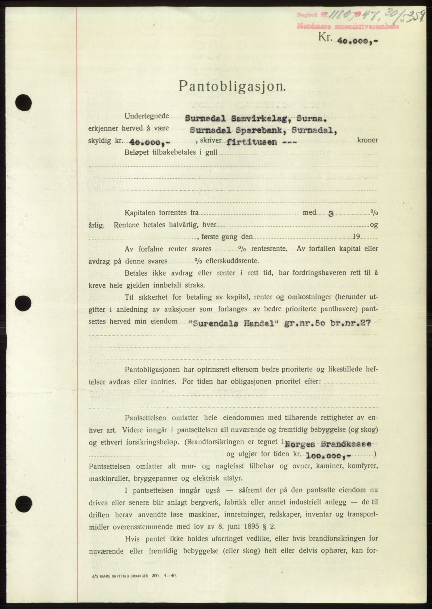 Nordmøre sorenskriveri, AV/SAT-A-4132/1/2/2Ca: Mortgage book no. B96, 1947-1947, Diary no: : 1182/1947