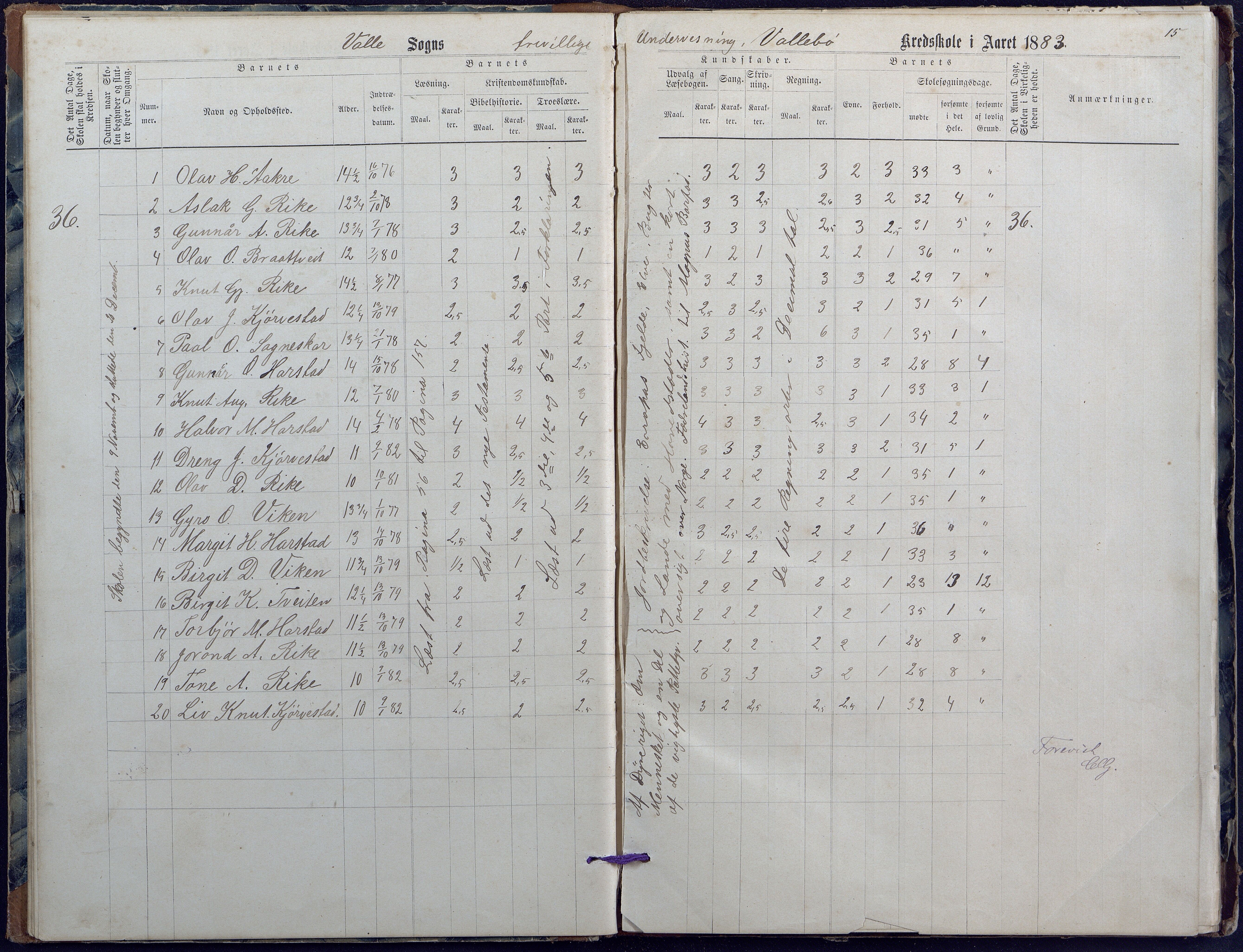 Valle kommune, AAKS/KA0940-PK/03/L0047: Protokoll over skolehold og skolesøkning i Valle faste skole, 1872-1890, p. 15