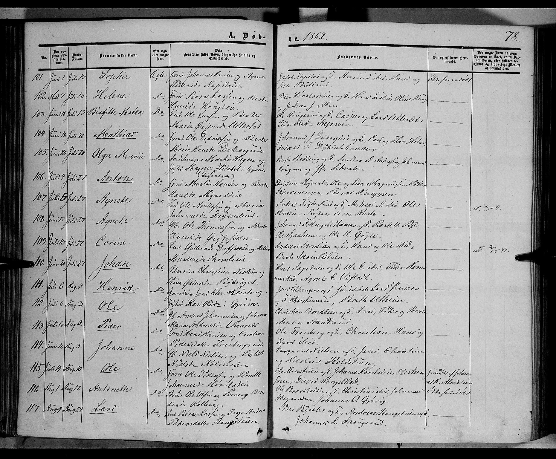Vardal prestekontor, SAH/PREST-100/H/Ha/Haa/L0006: Parish register (official) no. 6, 1854-1866, p. 78