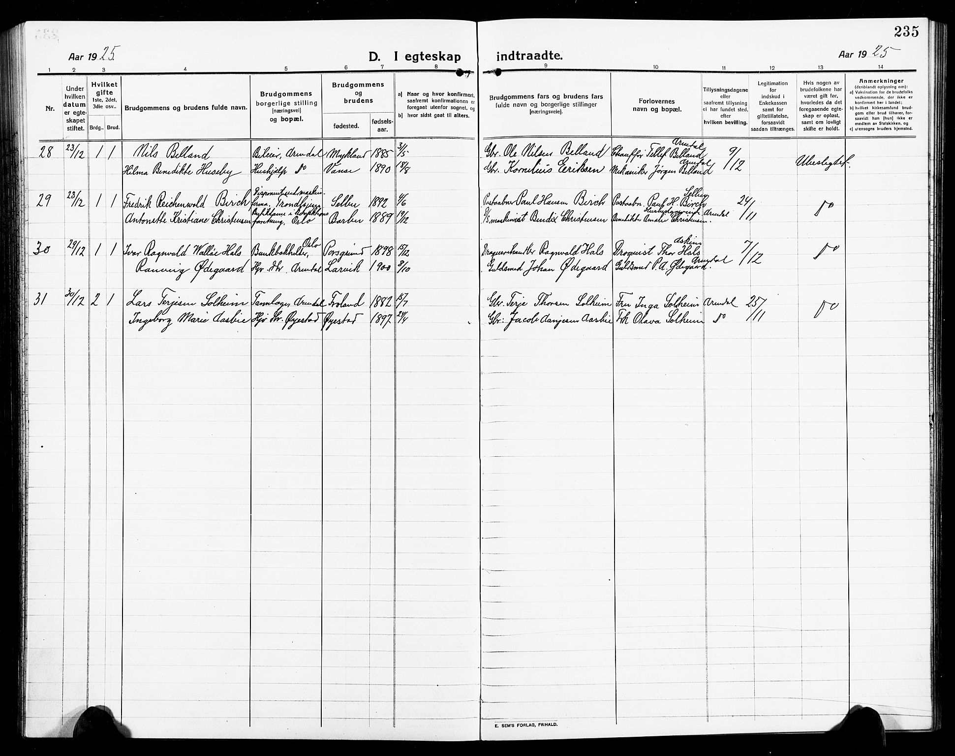 Arendal sokneprestkontor, Trefoldighet, AV/SAK-1111-0040/F/Fb/L0007: Parish register (copy) no. B 7, 1916-1927, p. 235