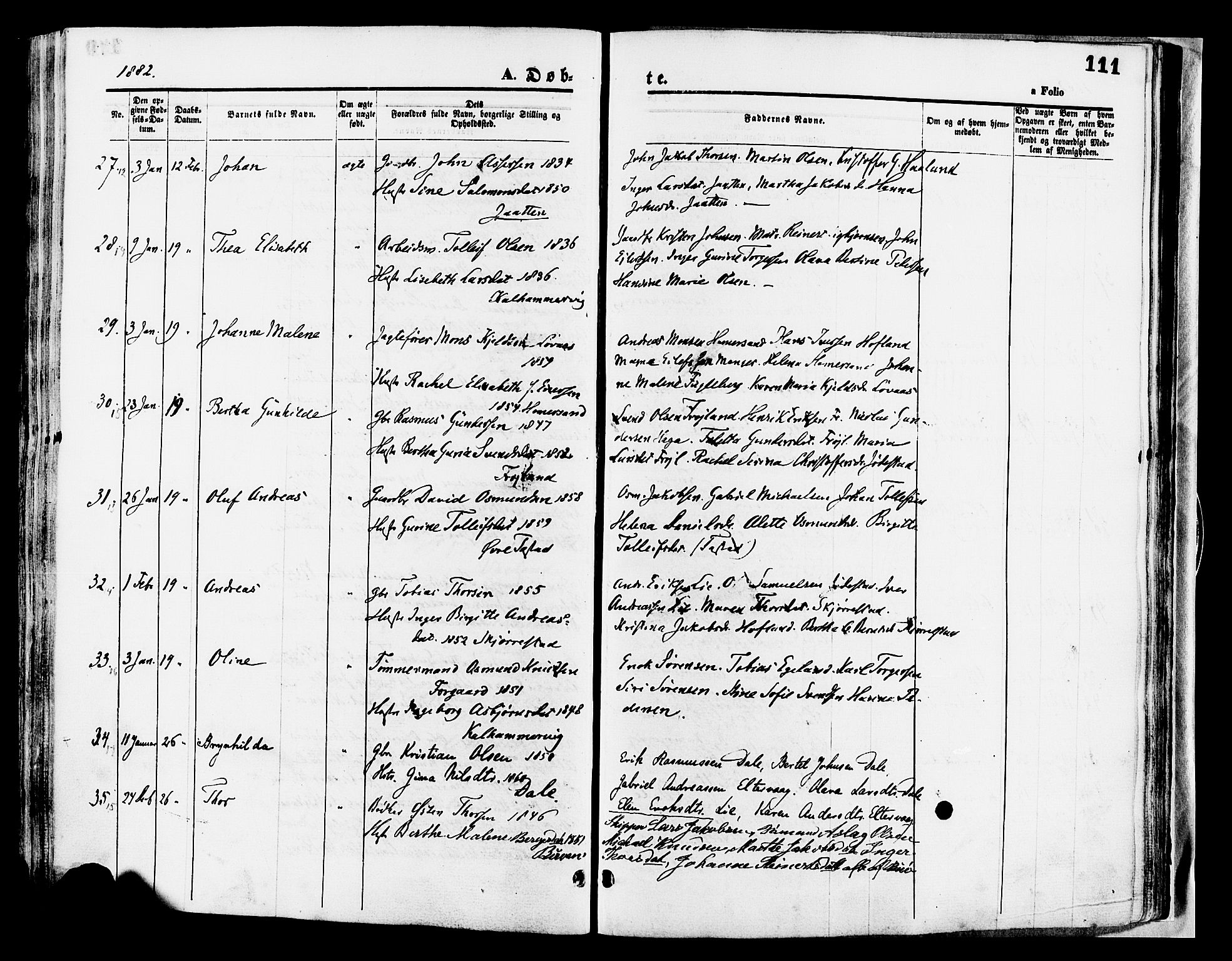 Hetland sokneprestkontor, AV/SAST-A-101826/30/30BA/L0008: Parish register (official) no. A 8, 1877-1884, p. 111