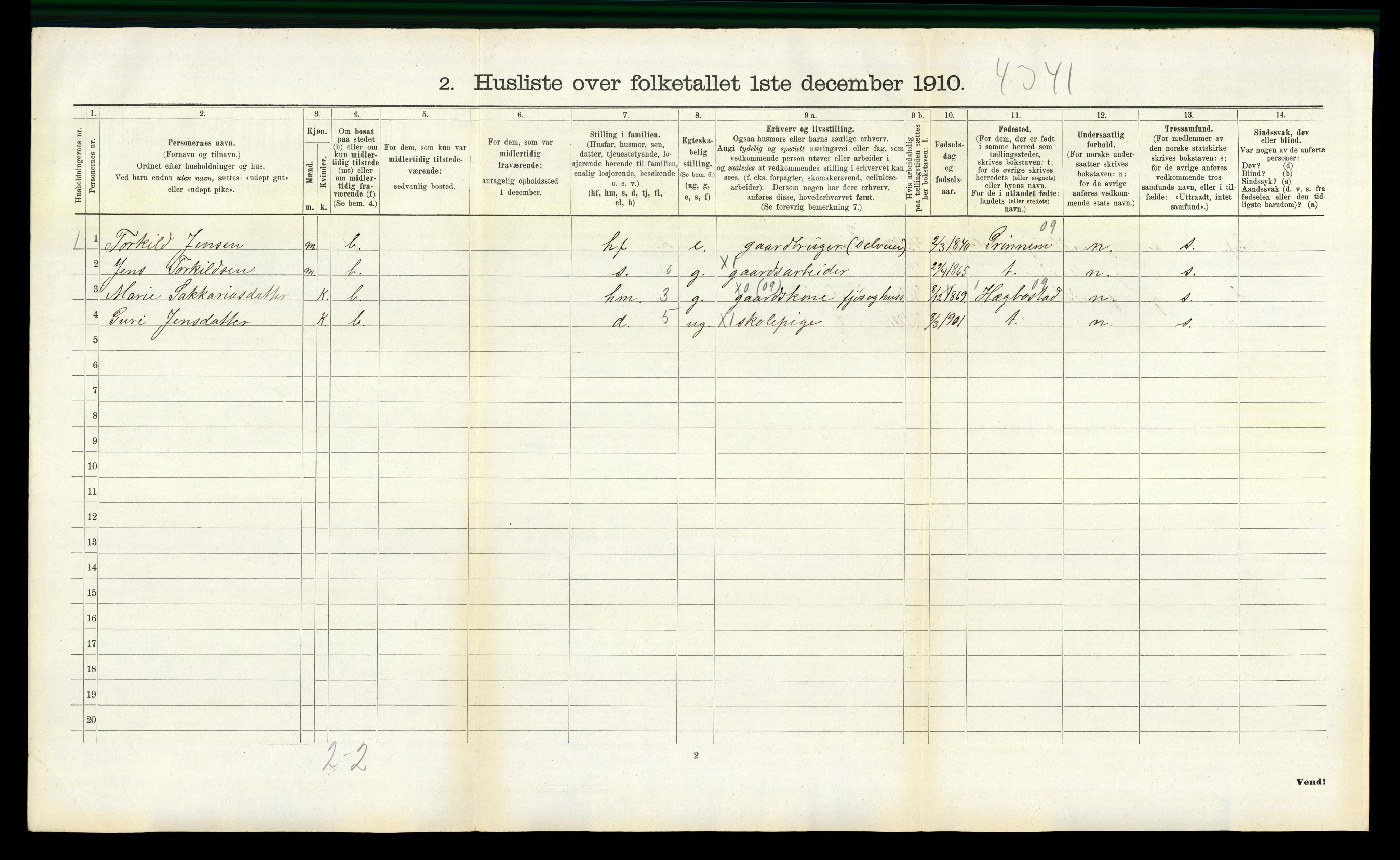 RA, 1910 census for Nord-Audnedal, 1910, p. 523