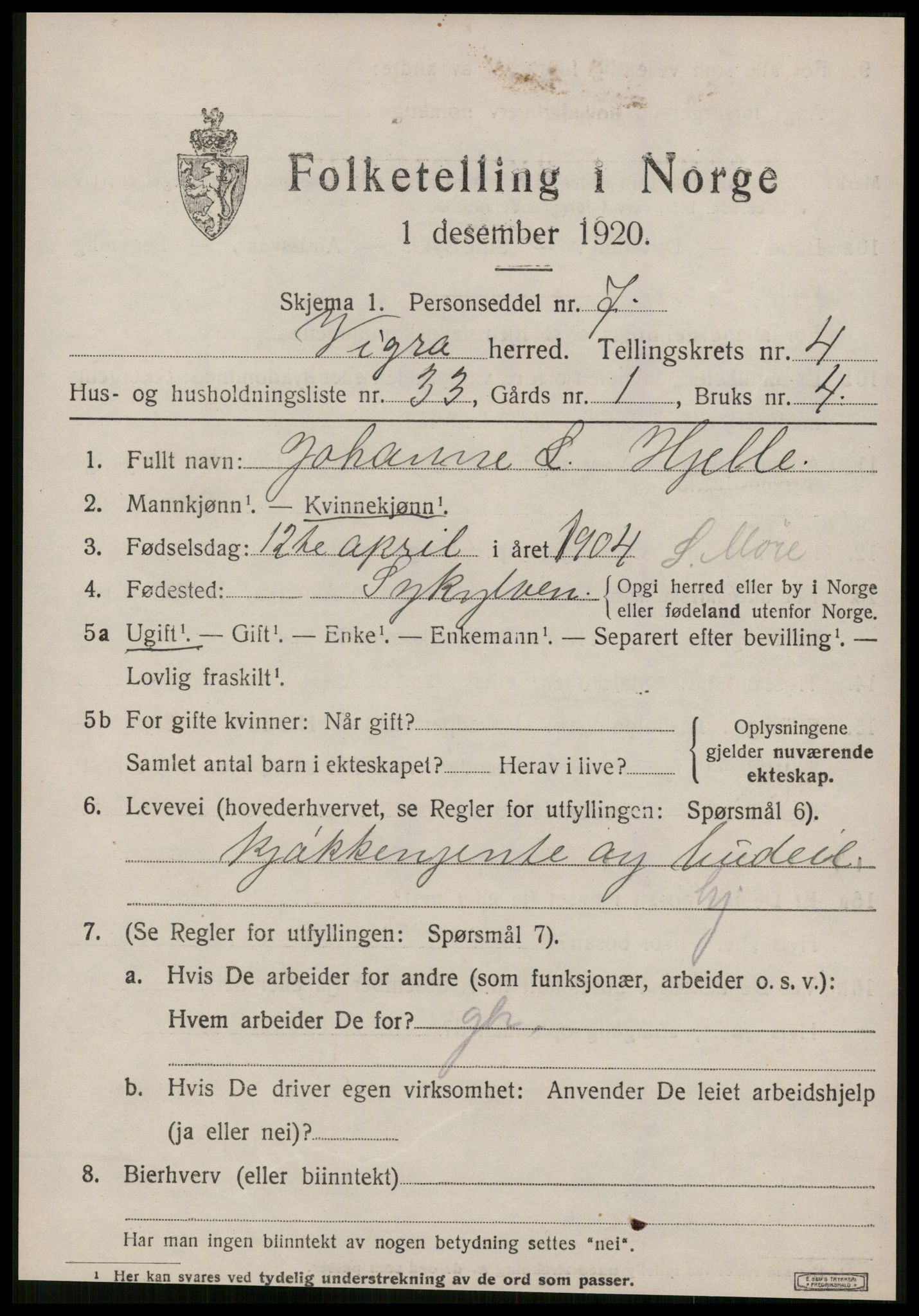 SAT, 1920 census for Vigra, 1920, p. 2454