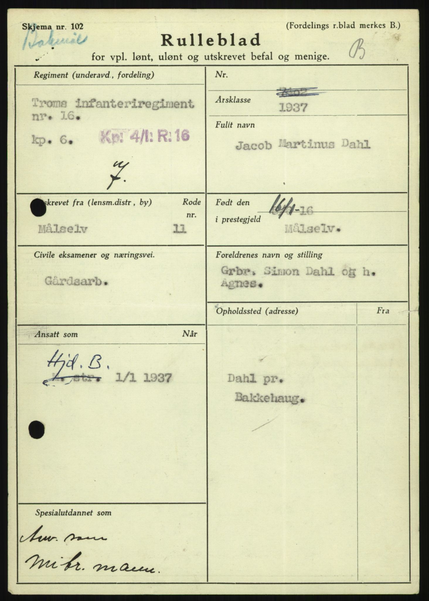 Forsvaret, Troms infanteriregiment nr. 16, AV/RA-RAFA-3146/P/Pa/L0021: Rulleblad for regimentets menige mannskaper, årsklasse 1937, 1937, p. 113