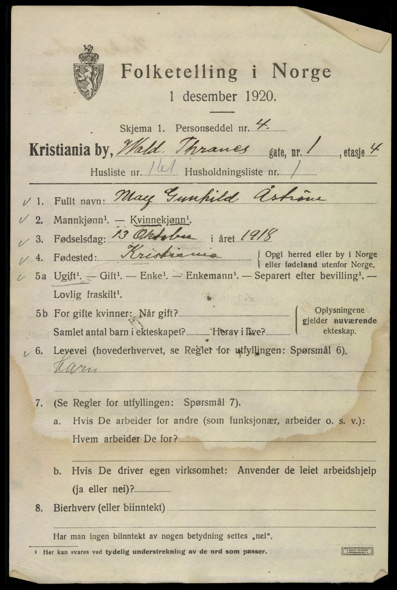 SAO, 1920 census for Kristiania, 1920, p. 644719